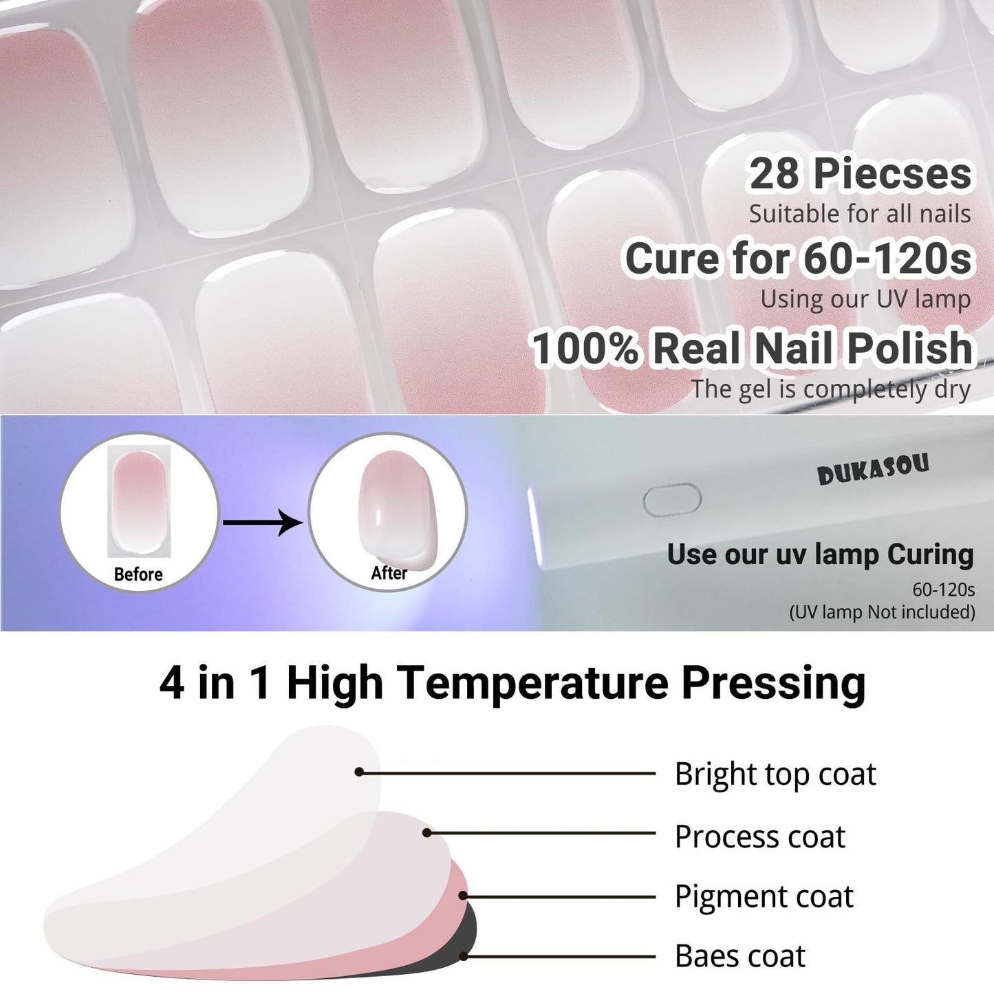 DUKASOU Semi Cured Gel Nail Strips, Pink Gradient | 28pcs Real Polish Art Stickers/Wraps, Includes Prep Pads, File & Wood Stick, for Women Girls Kids DIY Gift