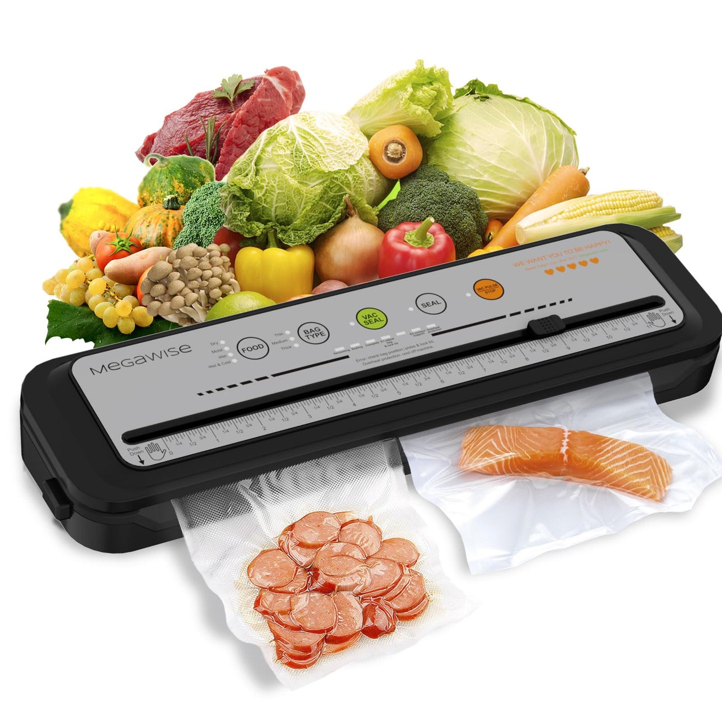 2023 Updated Vacuum Sealer Machine, MEGAWISE Food Sealer w/Starter Kit, Dry & Moist Food Modes, Compact Design with 10 Vacuum Bags & Bulit-in Cutter(Grey) & Vacuum Sealer Bags (8''x 21.6')