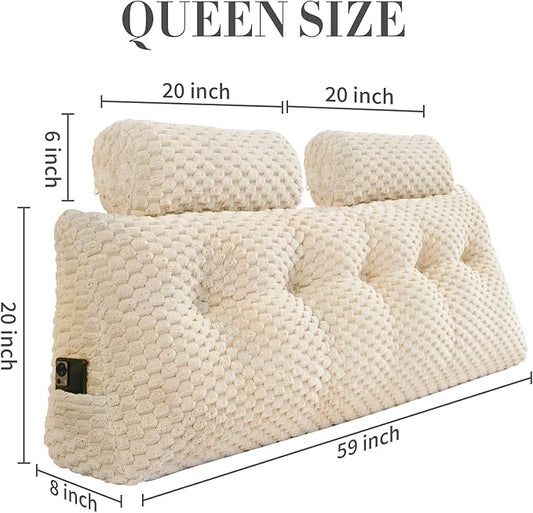 Wedge Headboard Pillow - Bed Wedge Pillow for Headboard Triangular Headboard Pillow with Neck Roll Pillow-Large Bolster Pillow for Sitting in Bed Backrest Positioning Support (Beige,59x8x20 Inches)