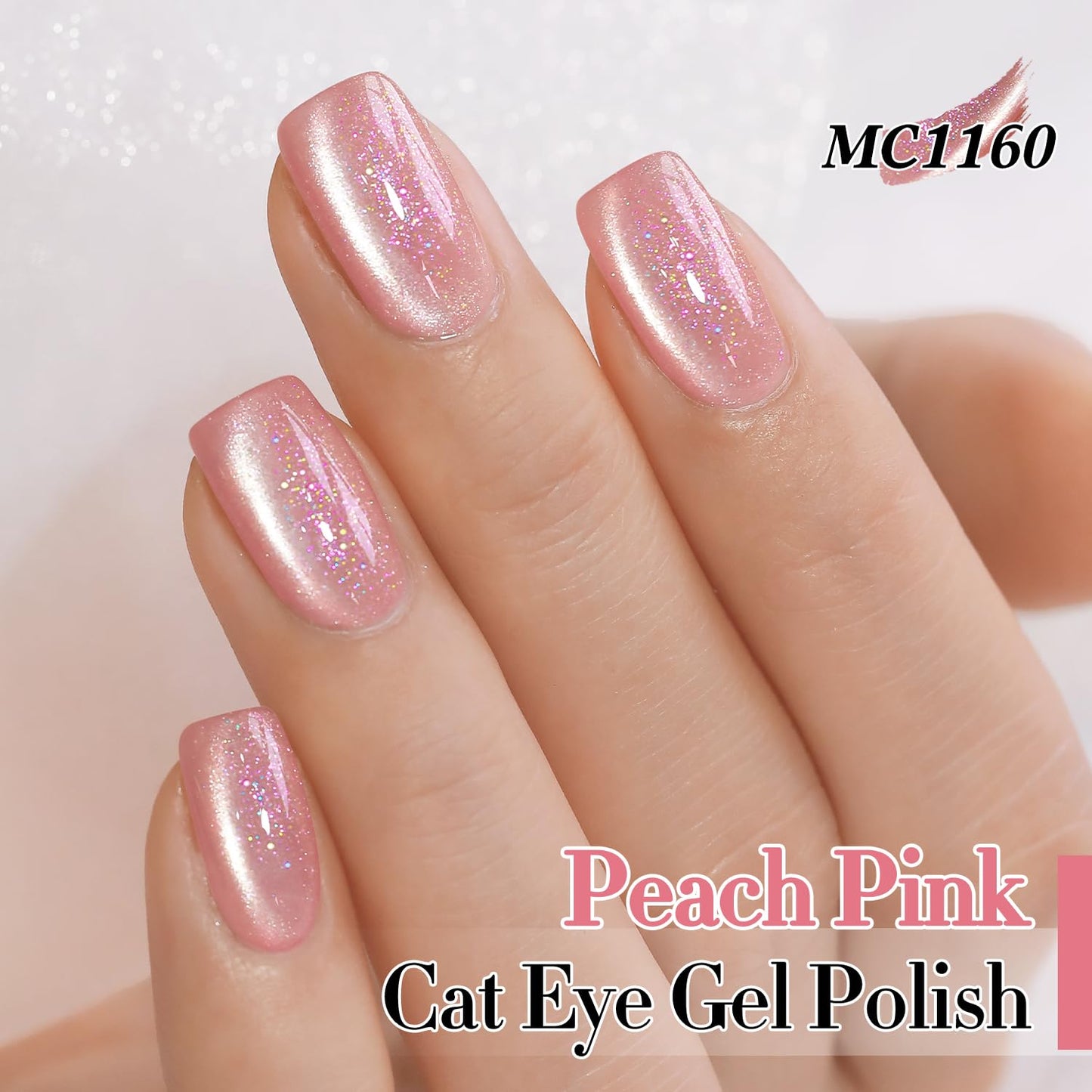 Double Rhythm 0.5 Oz Cat Eye Gel Polish with Magnet Same Color Same Bottle Holographic Glitter Shimmer Translucent Color Salon Soak Off Magnetic Nail at Home (Peach Pink-MC1160)