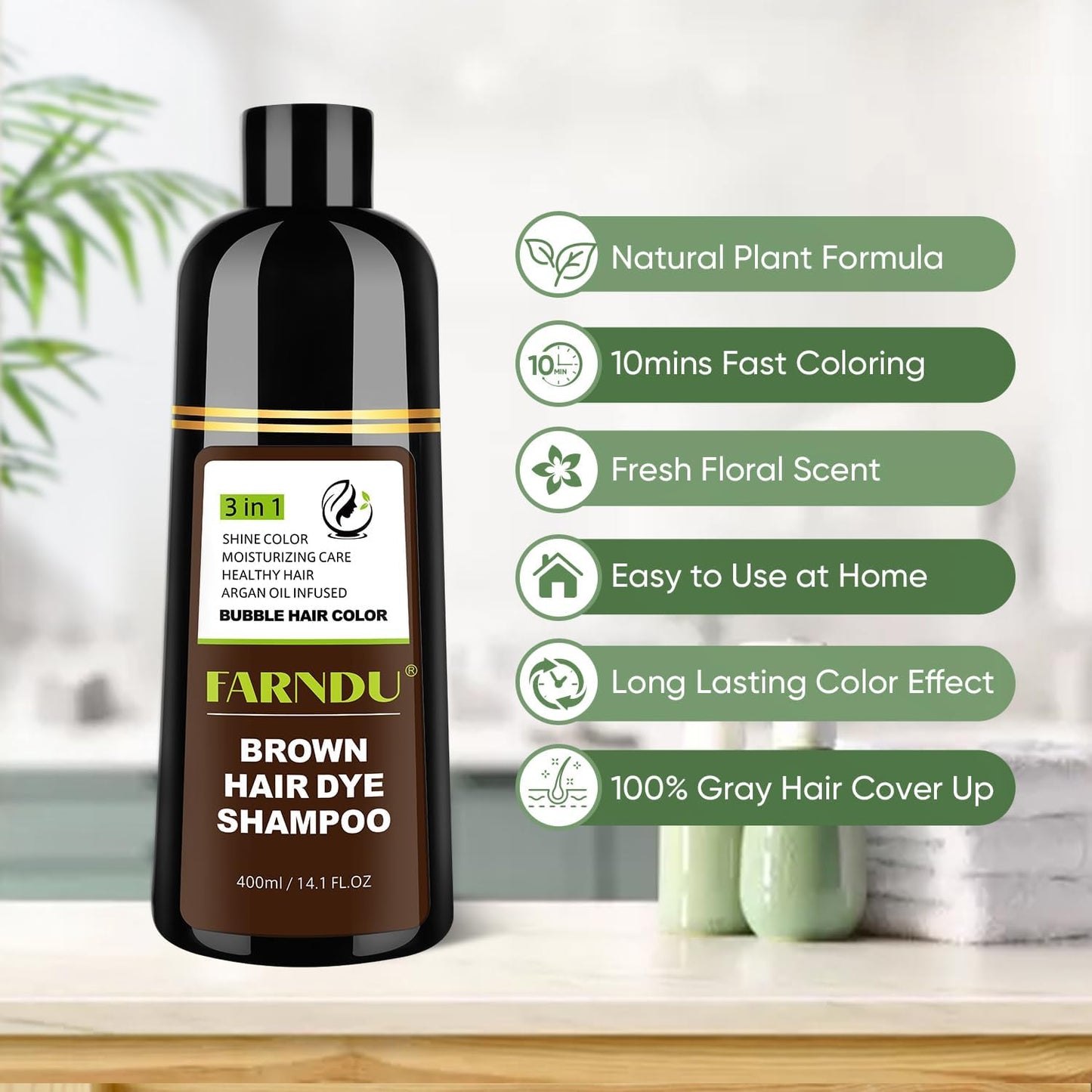 DYEING 221 BC FARNDU Chestnut Brown Hair Dye Shampoo for Gray Hair Coverage - 3 In 1 Natural Hair Color Shampoo for Women & Men, Champu Para Canas Mujer