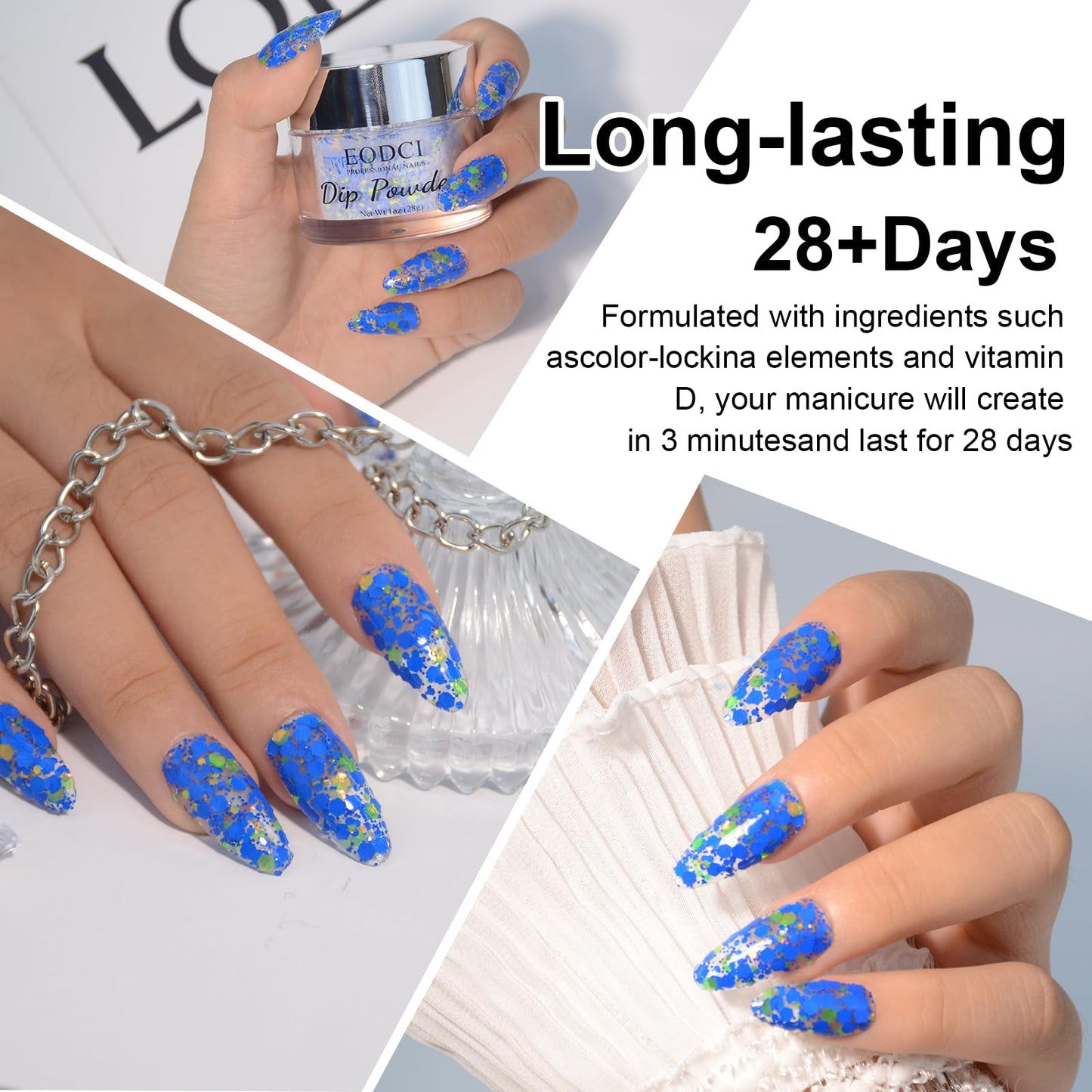 EODCI Dopamine Nail Dip Powder - Blue Glitter Hexagon Sequins Paillette Dip Powder Nails - Long-lasting, No UV Light Needed