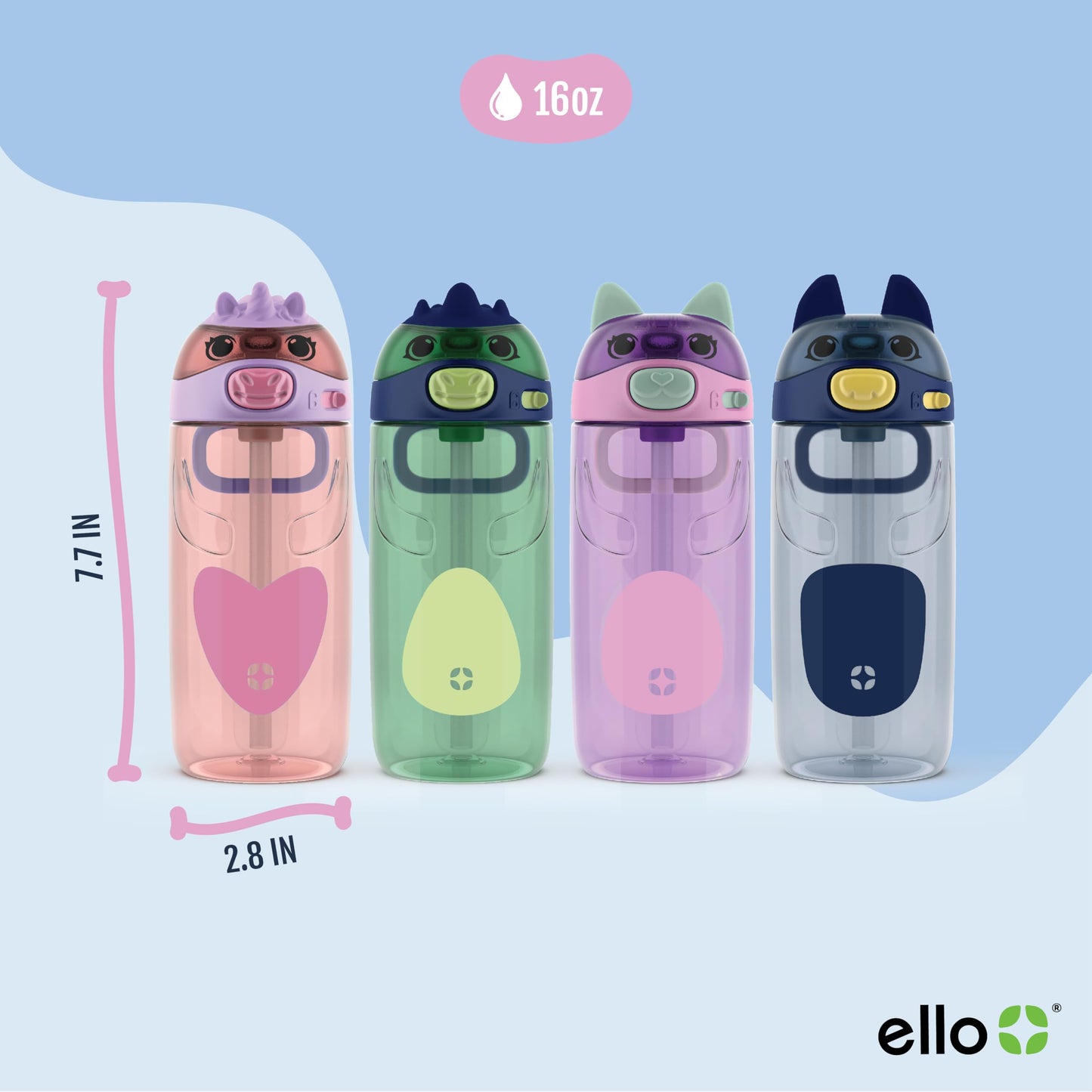 Ello Ellies 16oz Plastic Kids Water Bottle with Straw and Built-in Carrying Handle and Leak-Proof Locking Lid for School backpack, Lunchbox and Outdoor Sports, Dino