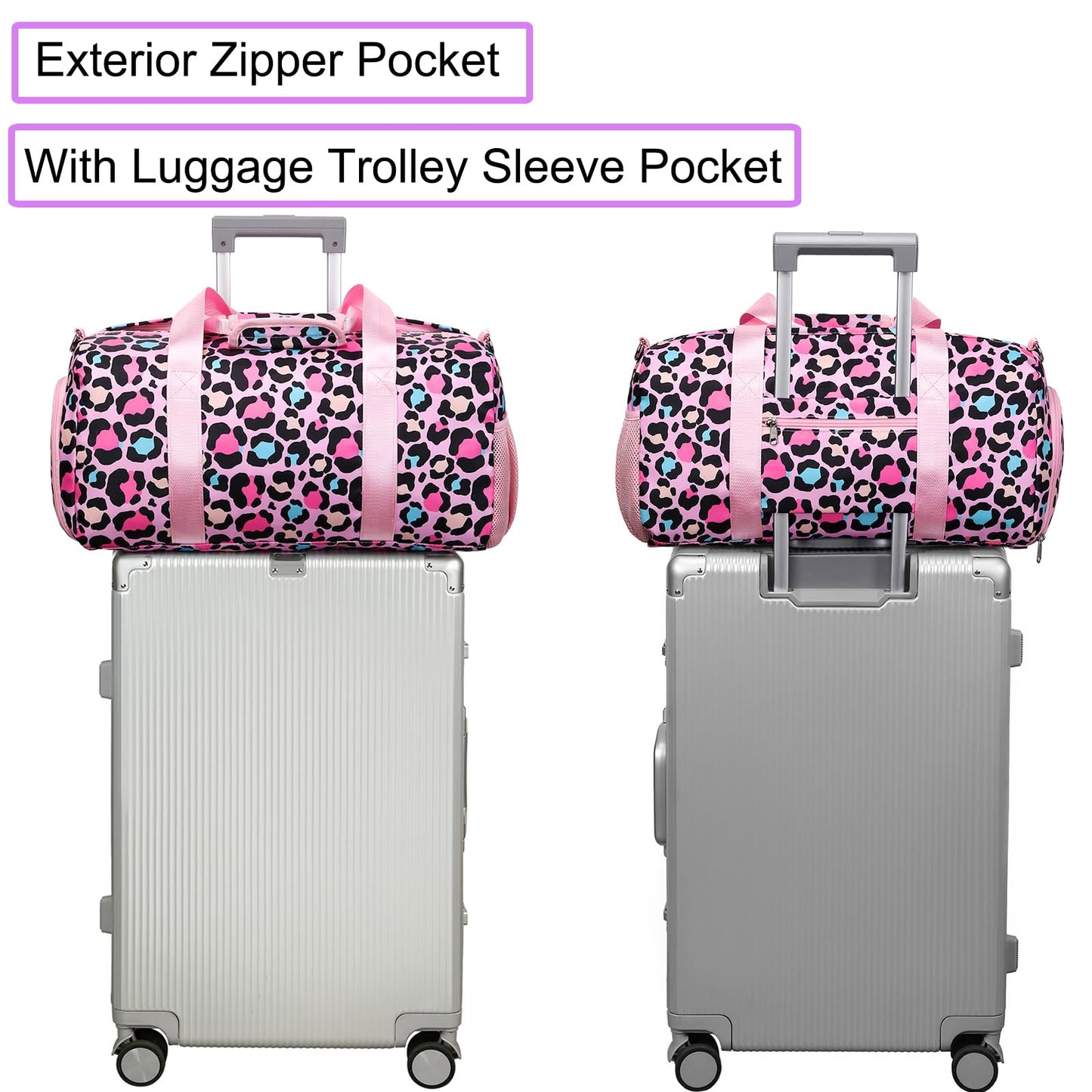 Duffle Bag for Teens Girls Teen Dance Bag Leopard Print Pink Gym Bag with Shoes Compartment & Wet Separation Waterproof Sports Overnight Travel Bag