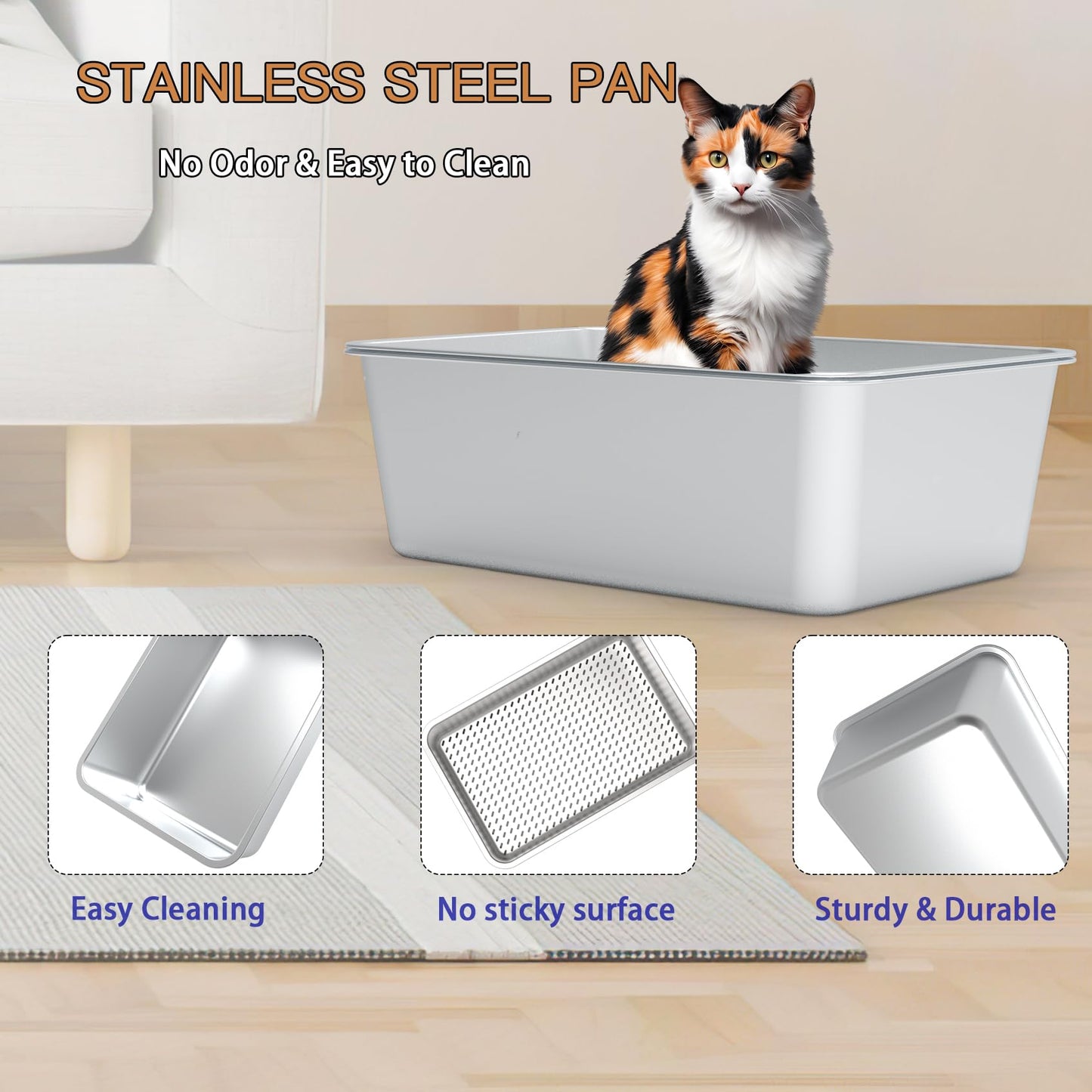 2PACK Stainless Steel Sifting Litter Box for Pine Pellets,Enclosed Metal Sifting Cat Litter Box with Lid,High Sides, Anti-Urine Leakage