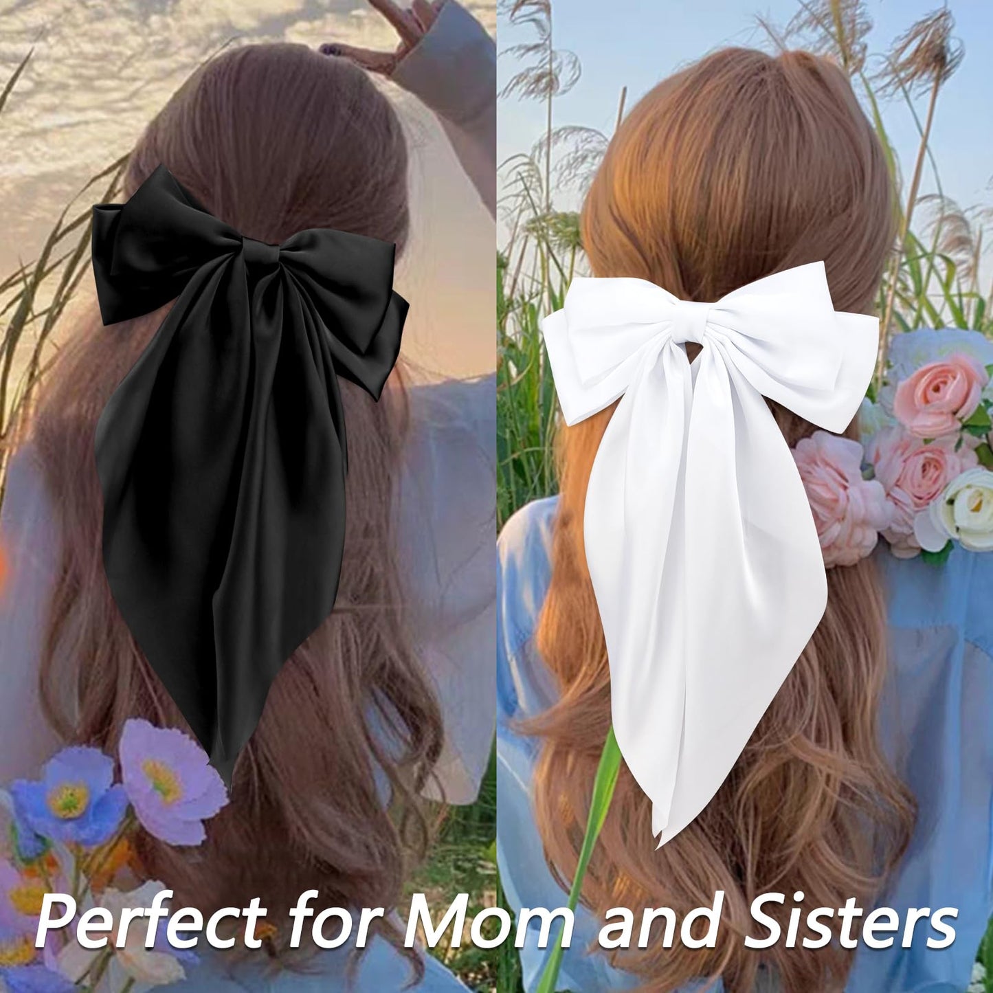Velscrun Red Black White Hair Bows for Women Girls, Silky Satin Large Coquette Bow Oversized Hair Ribbons Big Bows Clip, Long Tail Bowknot Hair Barrettes Halloween Christmas Hair Bow Accessories