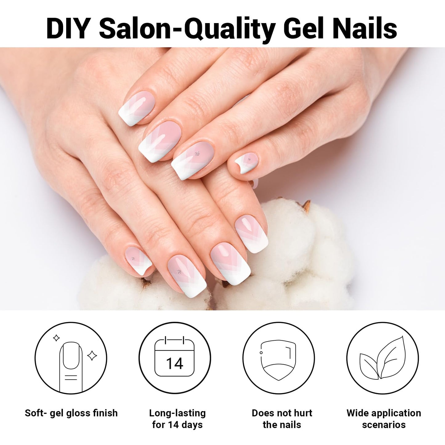 DUKASOU Semi Cured Gel Nail Strips, Overlap French | 28pcs UV Gel Nail Stickers, Easy to Apply