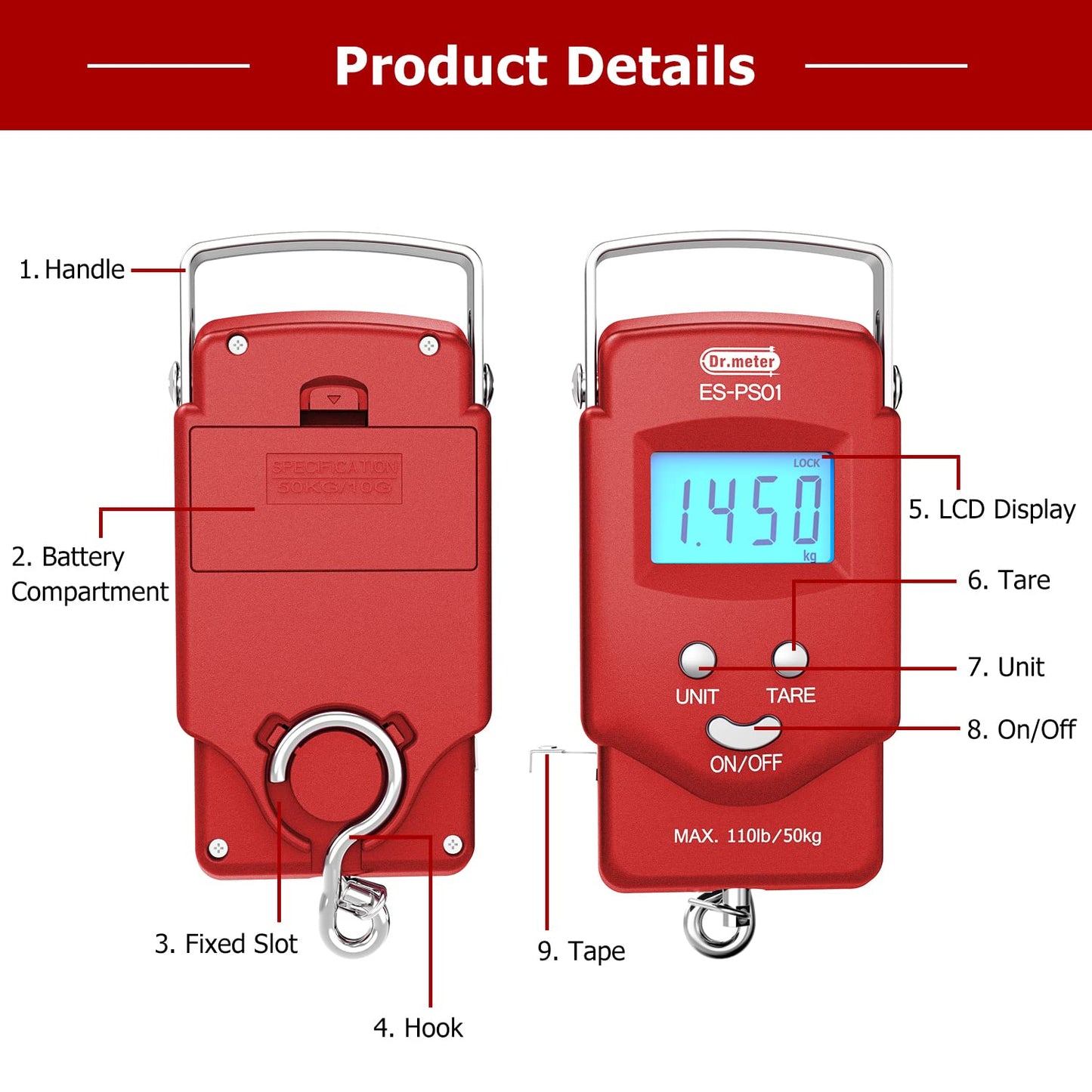 Dr.meter Fish Scale: PS01 110lb/50kg Backlit LCD Display Fishing Scale with Built-in Measuring Tape - Electronic Balance Digital Fishing Postal Hanging Hook Scale with 2 AAA Batteries