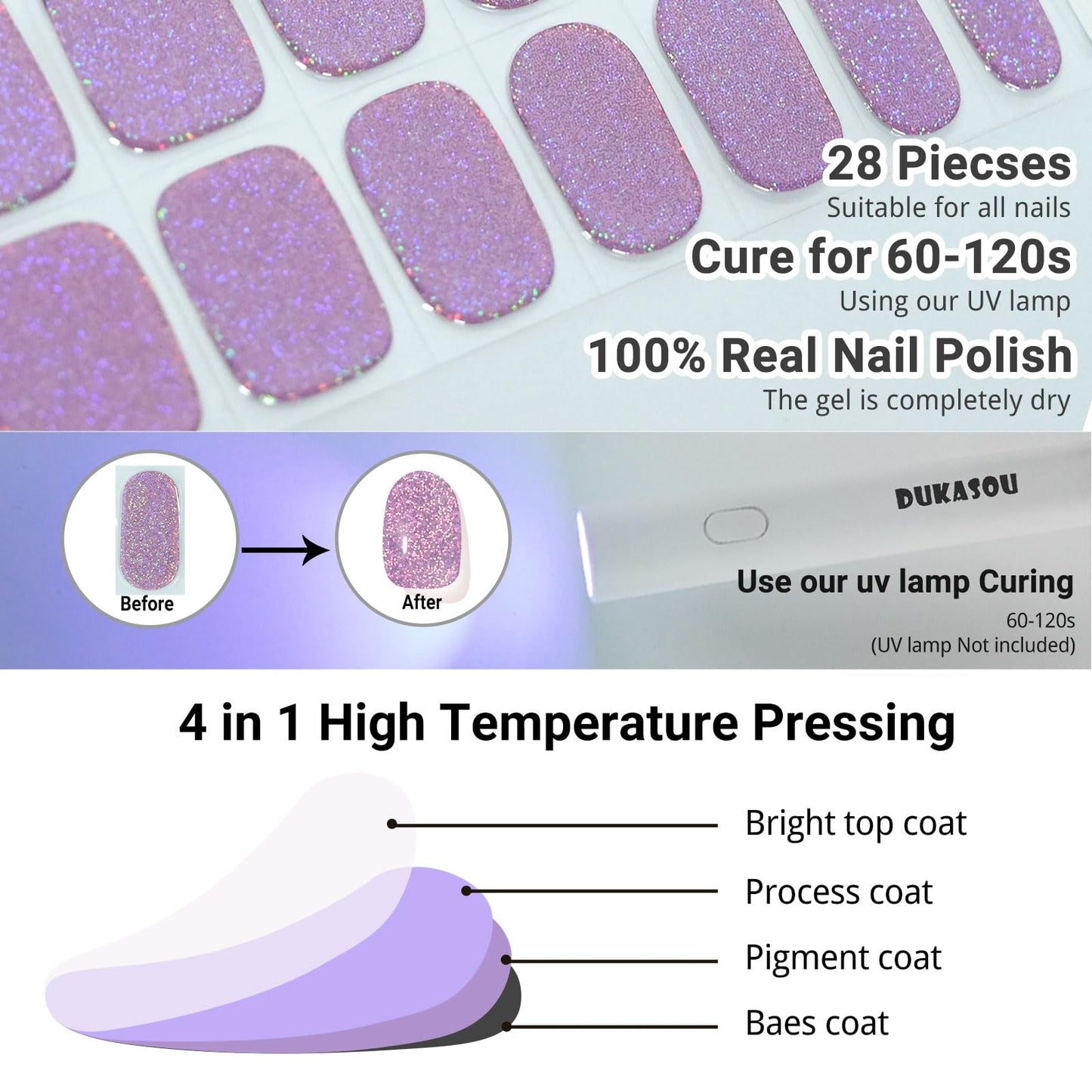 DUKASOU Semi Cured Gel Nail Strips, Purple Sparkle | 28pcs Work With Any UV Lamp, Stickers for Women Girls, Includes Prep Pads, File & Wood Stick