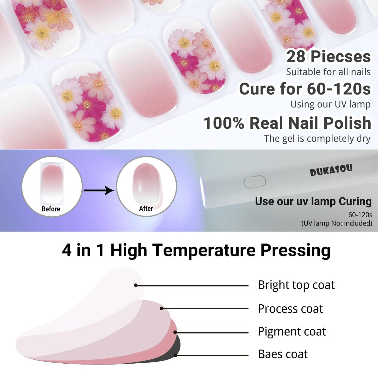 DUKASOU Semi Cured Gel Nail Strips, Spring Blossoms | 28pcs Work With Any UV Lamp, Stickers for Women Girls, Includes Prep Pads, File & Wood Stick