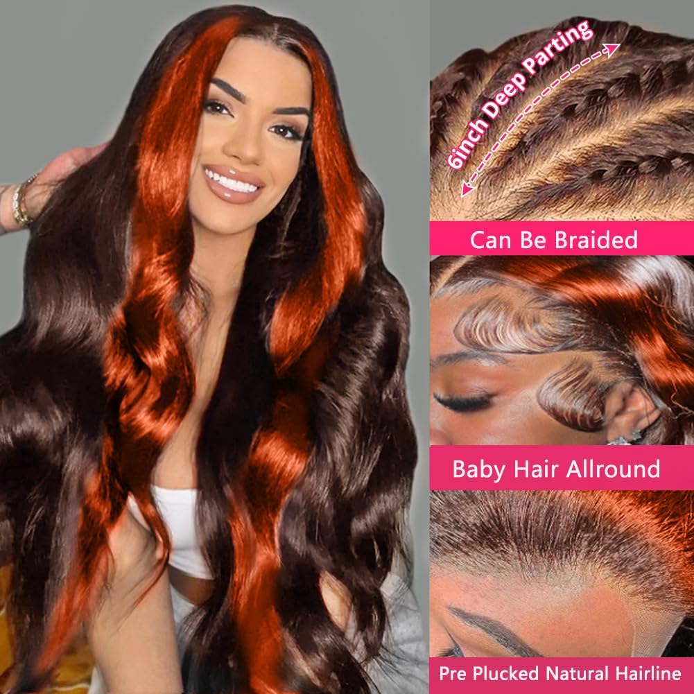 200% Density 13x6 Lace Front Wigs - Human Hair Pre-Plucked Ombre Ginger Orange - Glueless - 32Inch
