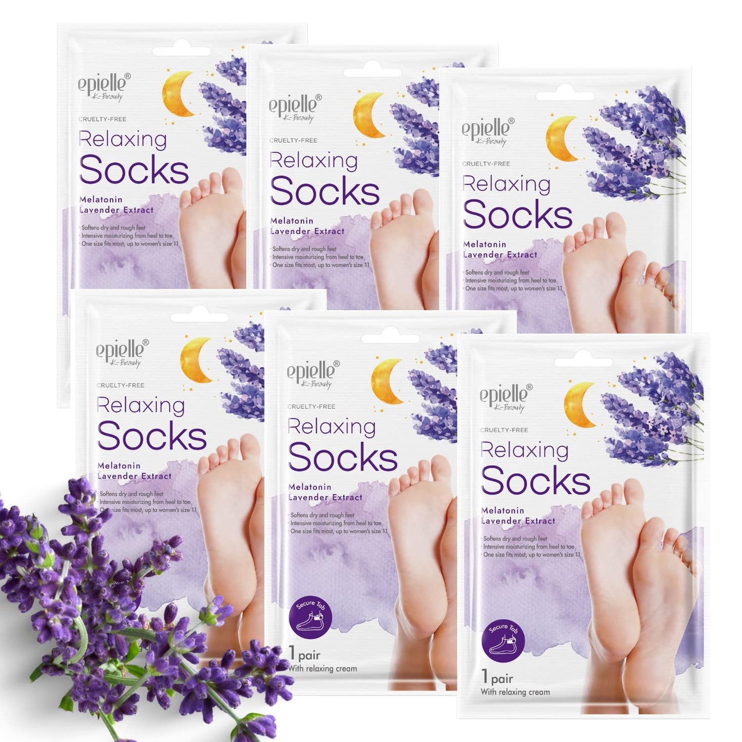 Epielle Relaxing Foot Masks - Melatonin & Lavender Extract | Deep Moisturizing | 100% Vegan & Cruelty-Free | 6 Pack Socks | Beauty Gifts, Easter Gifts, Mother's day Gifts