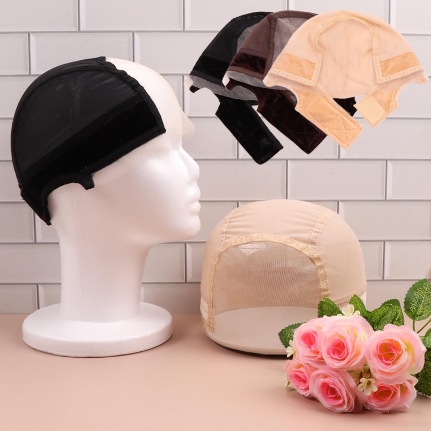 Ecojunmi Lace Wig Cap with Grip Band for Keeping Wigs in Place, 4X5 inch Transparent Adjustable Lace Wig Cap with Headband, Non-slip Wig Gripper (Brown)