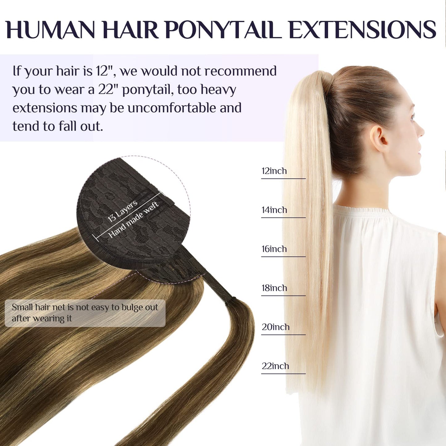 DOORES Hair Extensions Human Hair Ponytail Extensions Balayage Chocolate Brown Mixed Caramel Blonde 18 Inch 80g Clip In Human Hair Extensions Straight Wrap Around Ponytail Piece with Magic Paste