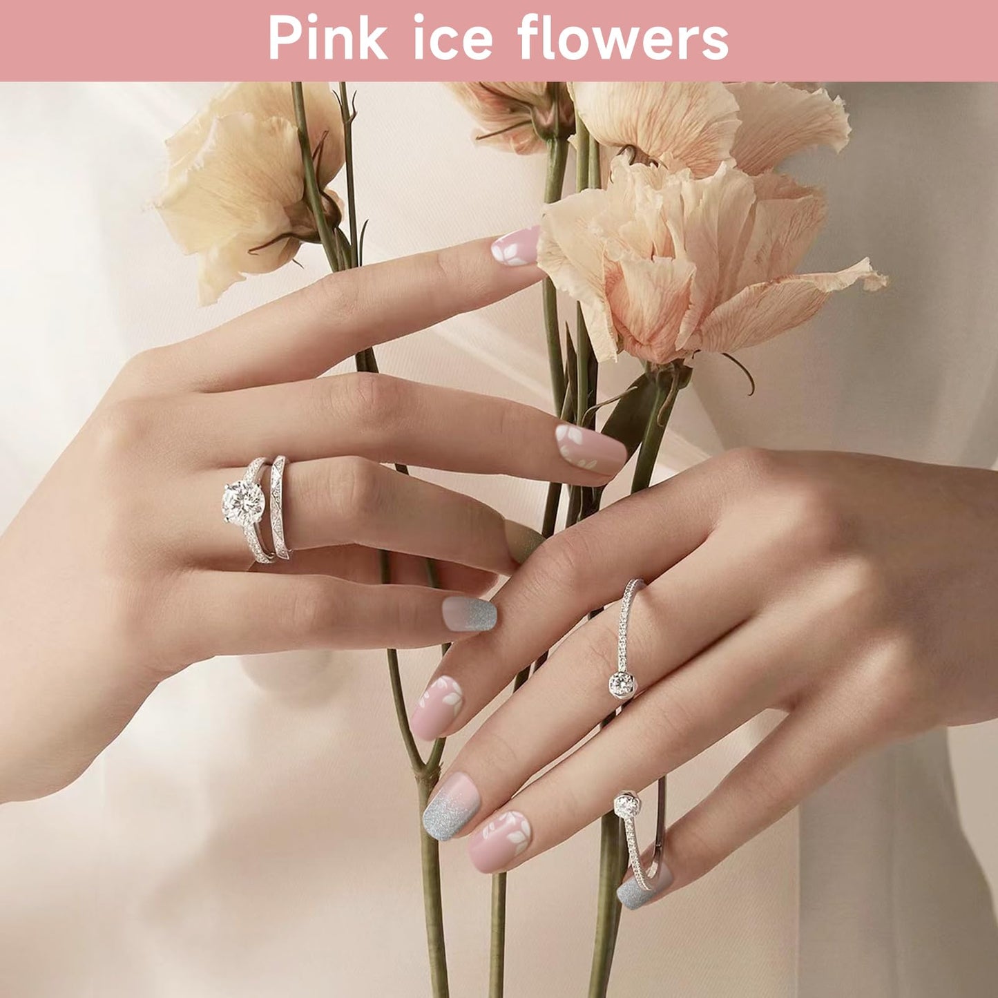 DUKASOU Semi Cured Gel Nail Strips, Pink ice Flowers | 28 pcs Gel Nail Strips Work with Any UV Lamp, Salon Quality UV Nails Stickers, Easy to Apply for Home Nails DIY