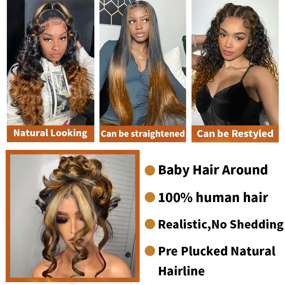 200% Density Full 360 Lace Front Ombre Lace Front Wig - Human Hair Glueless With Baby Hair Body Wave - Lace Front Wig Ombre (18 Inch)