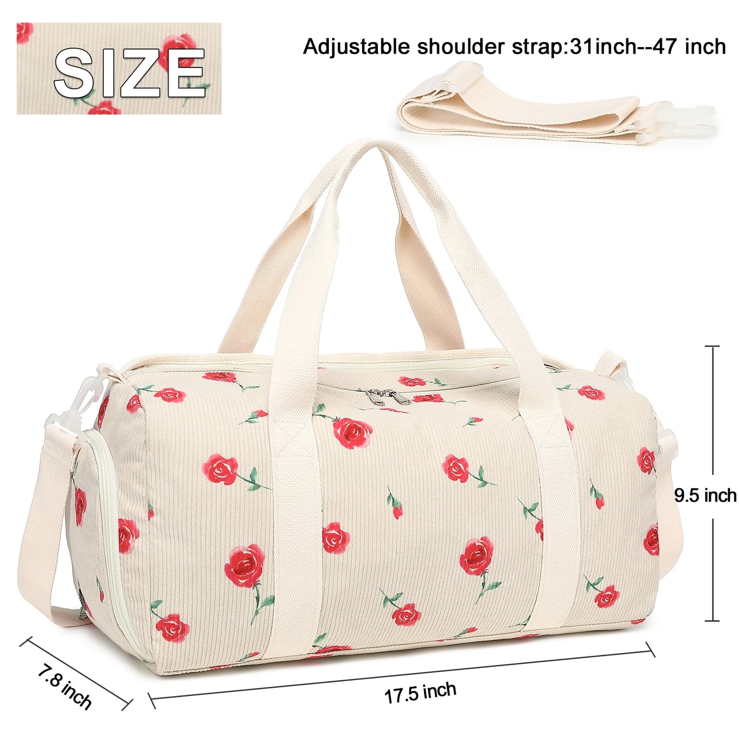 Duffle Bag for Gym Sports Women Girls Workout Travel Bag Weekender with Shoe Compartment and Wet Pocket (Corduroy-Red Rose)