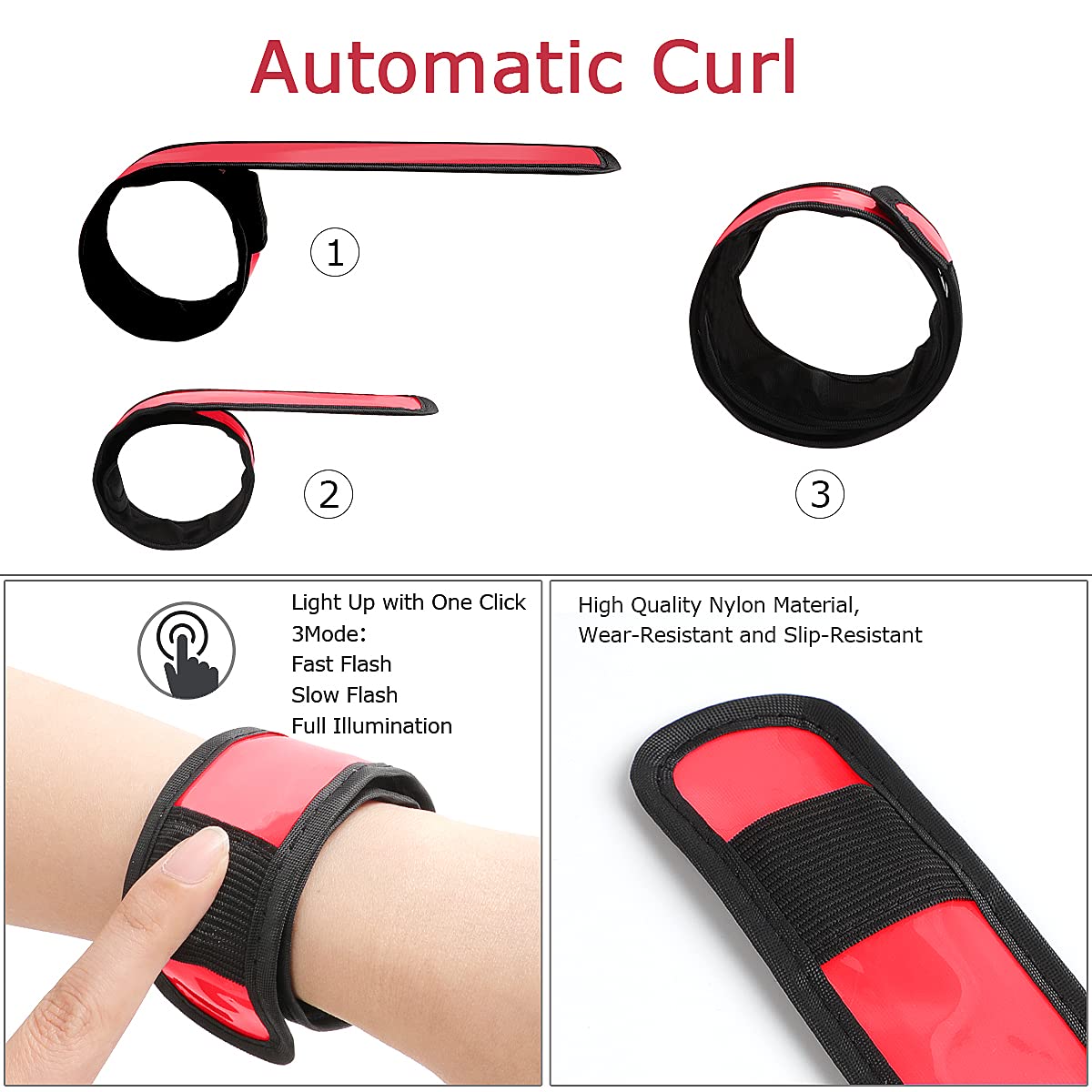 esonstyle Pack of 6 LED Light Up Band Slap Bracelets Night Safety Wrist Band for Cycling Walking Running Concert Camping Outdoor Sports (6 pcs-red)