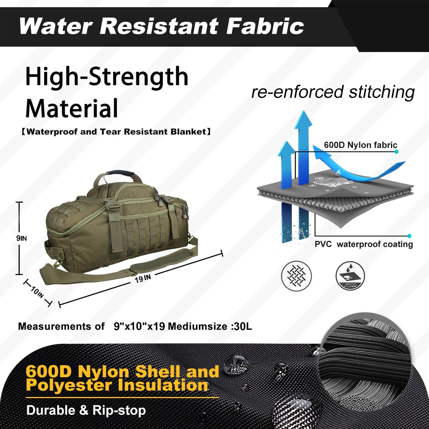 3 In 1 Tactical 30L Military Backpack Travel Duffle Bag for Weekender Gym Workout Deployment