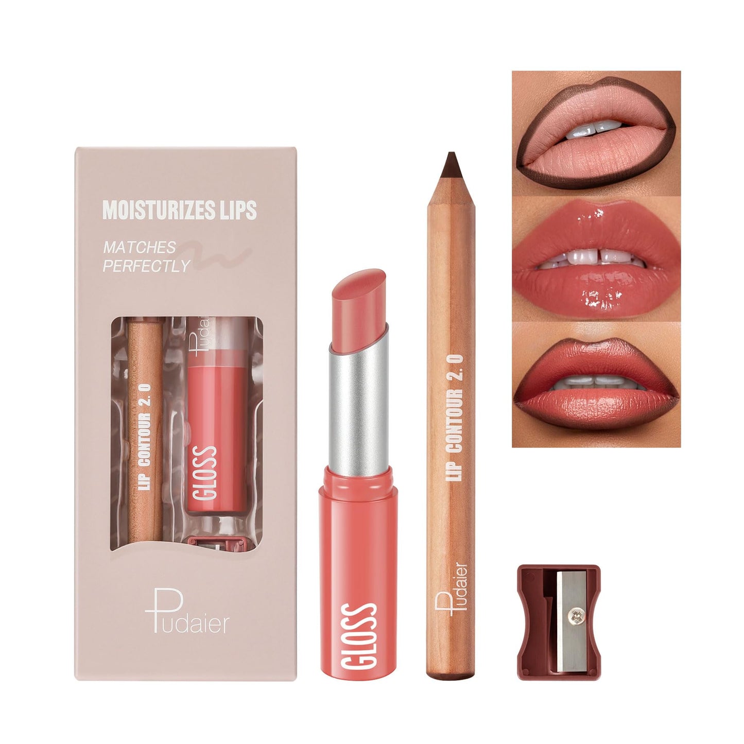2Pcs Lip Liner and Lipstick Combo, Highly Pigmented Lip Liner and Lipstick Set for women, Long Lasting Matte Lip Pencil and Hydrating Lip Balm Lip Gloss Makeup Kits with Sharpener