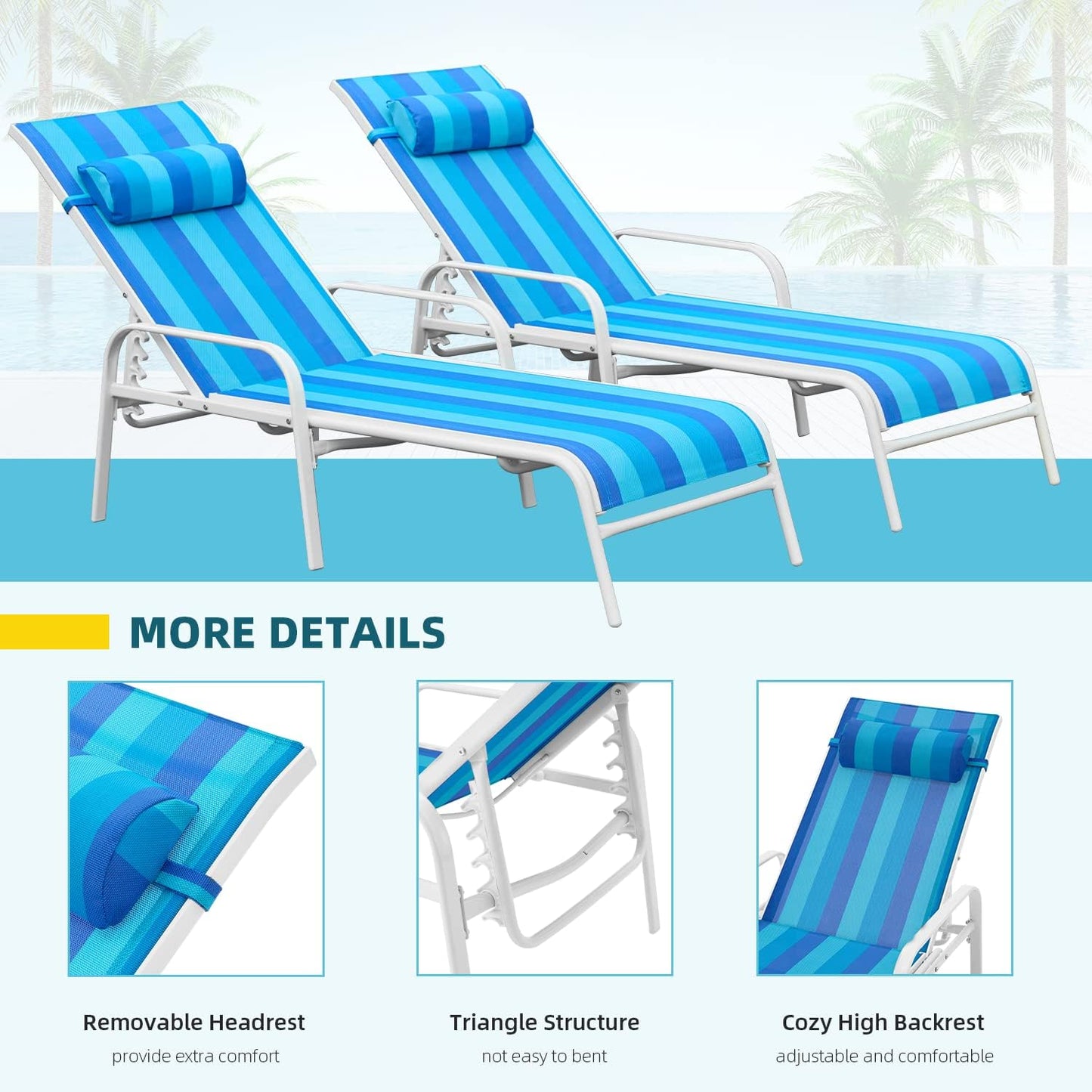 EROMMY Patio Chaise Lounge, Set of 2 Outdoor Lounge Chair, for Beach Pool Sunbathing Lawn Lounger Recliner Chiar Outside Tanning Chairs for All Weather