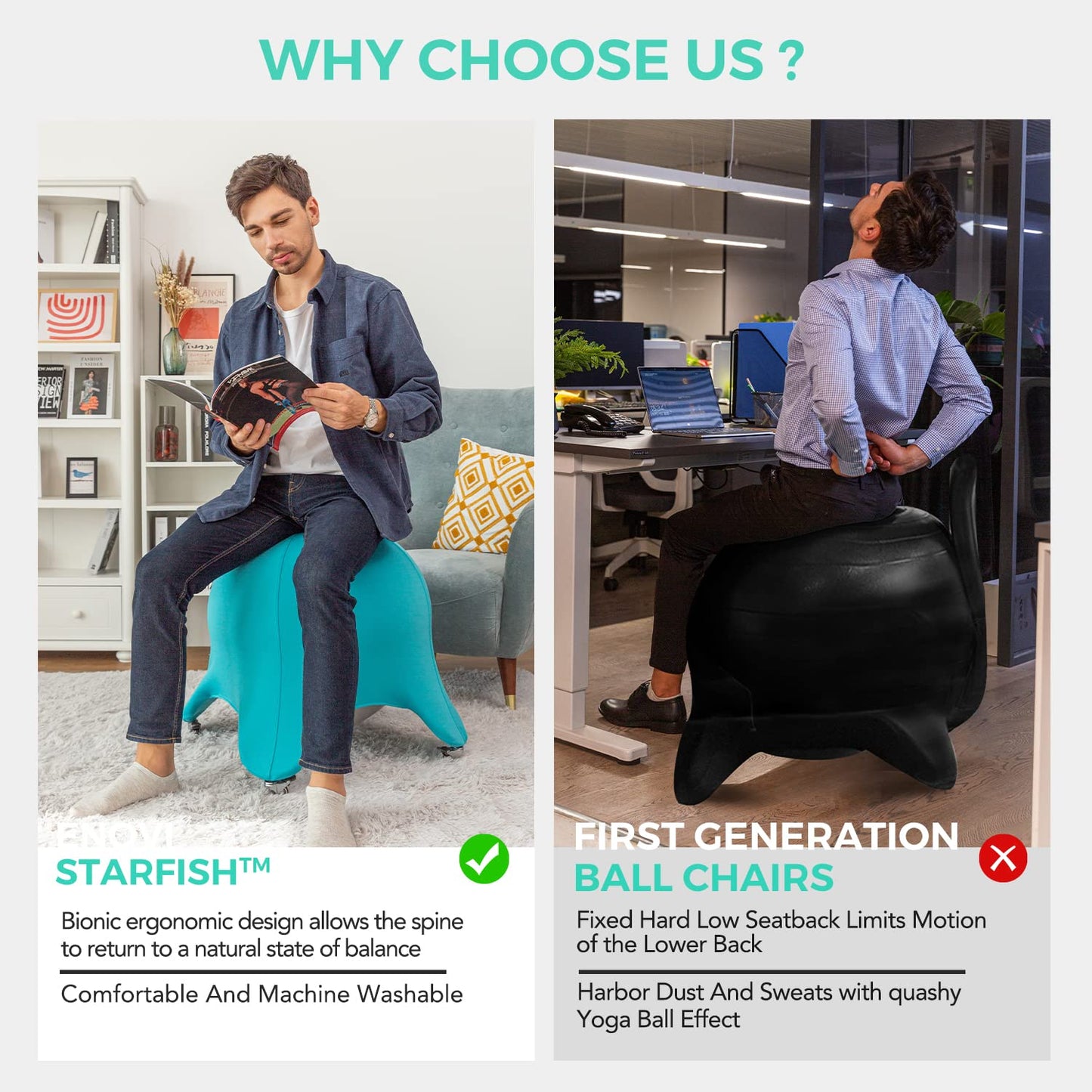 ENOVI Starfish Ball Chair, Yoga Ball Chair Exercise Ball Chair Ergonomic Design for Home Office Desk, Stability Ball & Balance Ball Seat to Relieve Back Pain, 24IN, FG