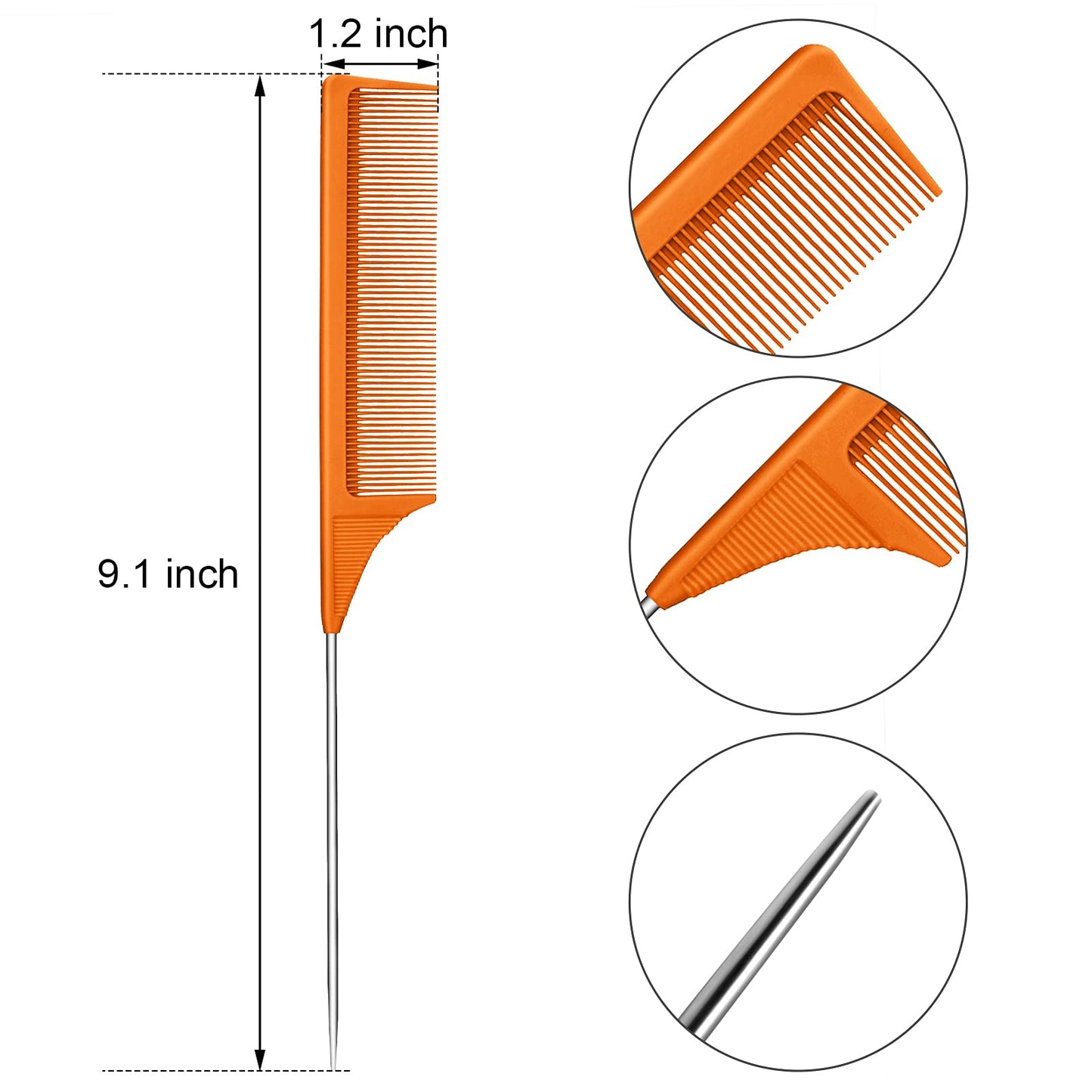 3 Packs Rat Tail Comb Steel Pin Rat Tail Carbon Fiber Heat Resistant Teasing Combs with Stainless Steel Pintail (Orange)