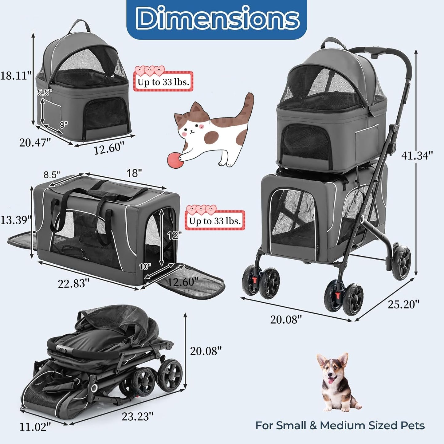 Double Dog Stroller, Foldable 3-in-1 Cat Strollers with 2 Detachable Carriers, Safety Belt, Washable Cover, Removable Pads, 4 Wheels Travel Pet Stroller for Small Medium Dogs(Grey)