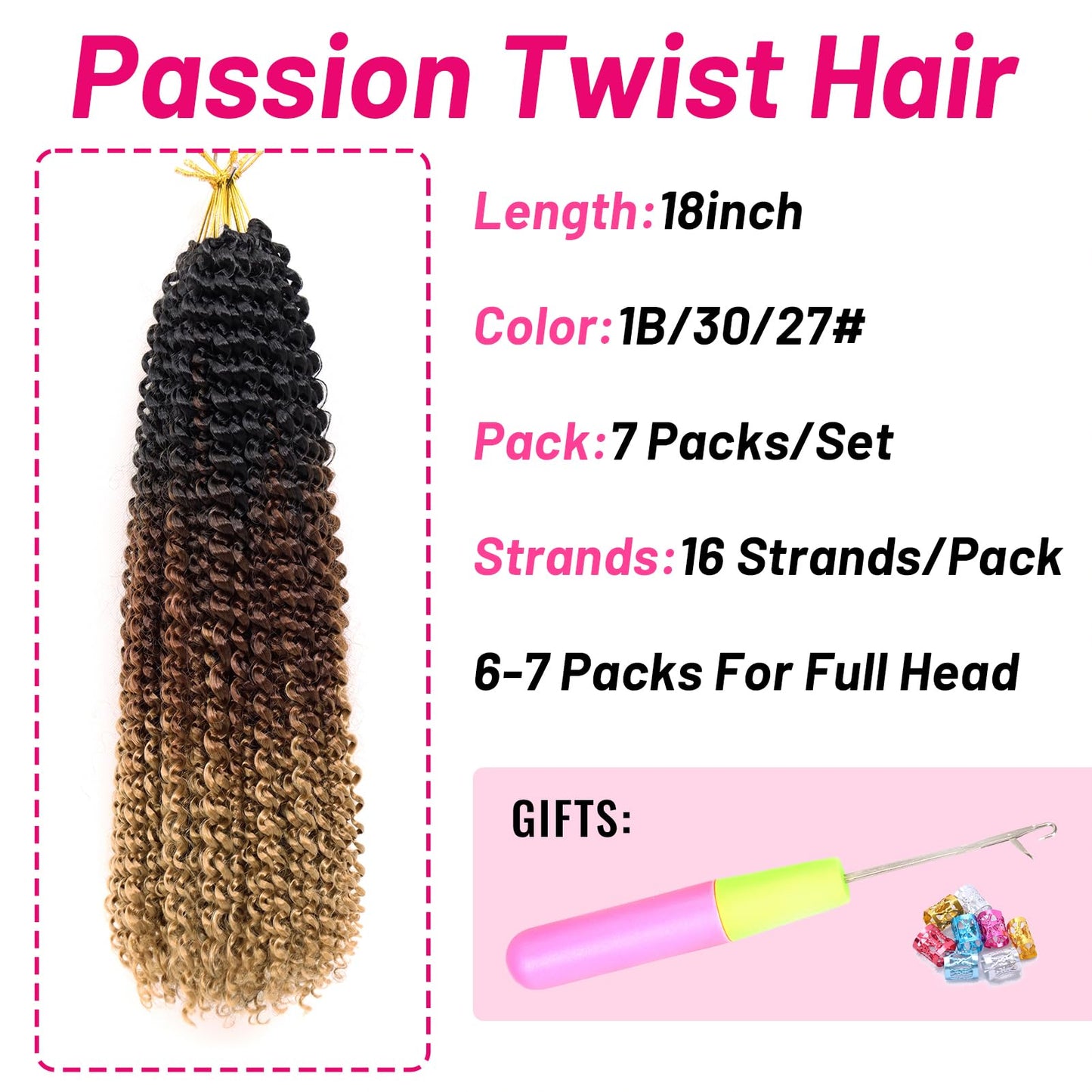 Dorsanee Ombre Brown Passion Twist Hair 18 Inch 7 Packs Water Wave Crochet Hair Long Bohemian Curly Braiding Hair for Butterfly Locs, Faux Locs, Boho Style Spring Twist Crochet Braids (1B/30/27#)