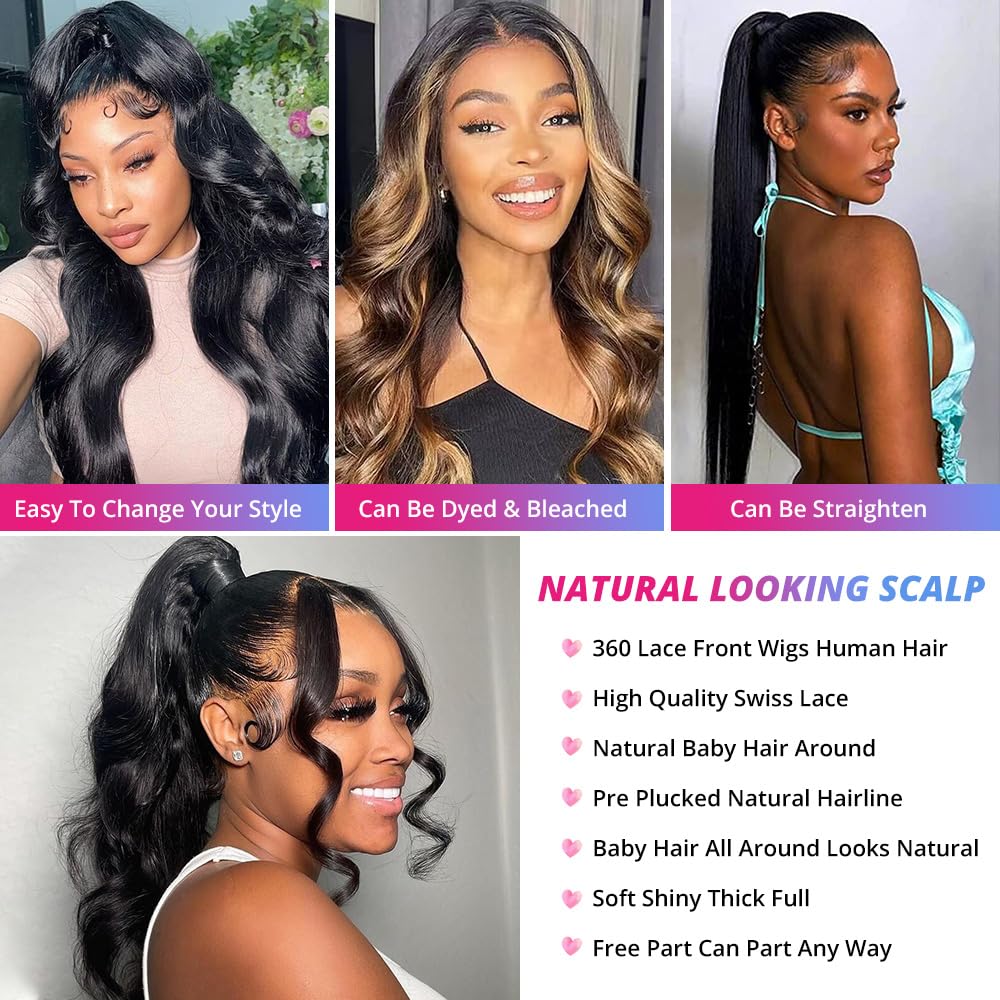 200 Density 360 Lace Front Wigs - Women's Brazilian Virgin Human Hair, 20 Inch, Body Wave, Pre-Plucked With Baby Hair, HD Transparent Full Lace