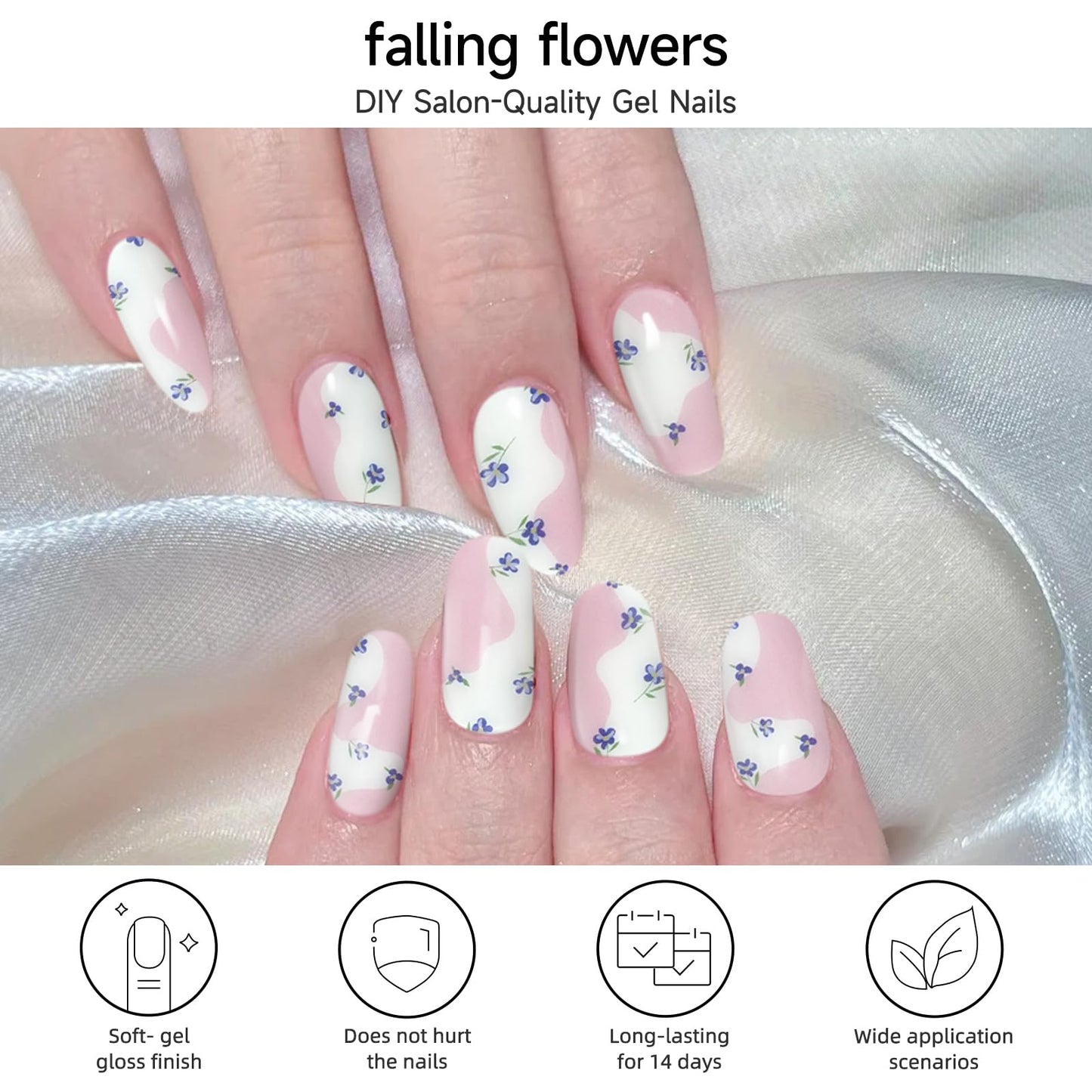 DUKASOU Semi Cured Gel Nail Strips, Falling Flowers | 28 pcs Chinese Style Gel Nail Strips Work with Any UV Lamp, Salon Quality New Chinese Nail Stickers, Include Prep Pads, Nail File&Wood Stick