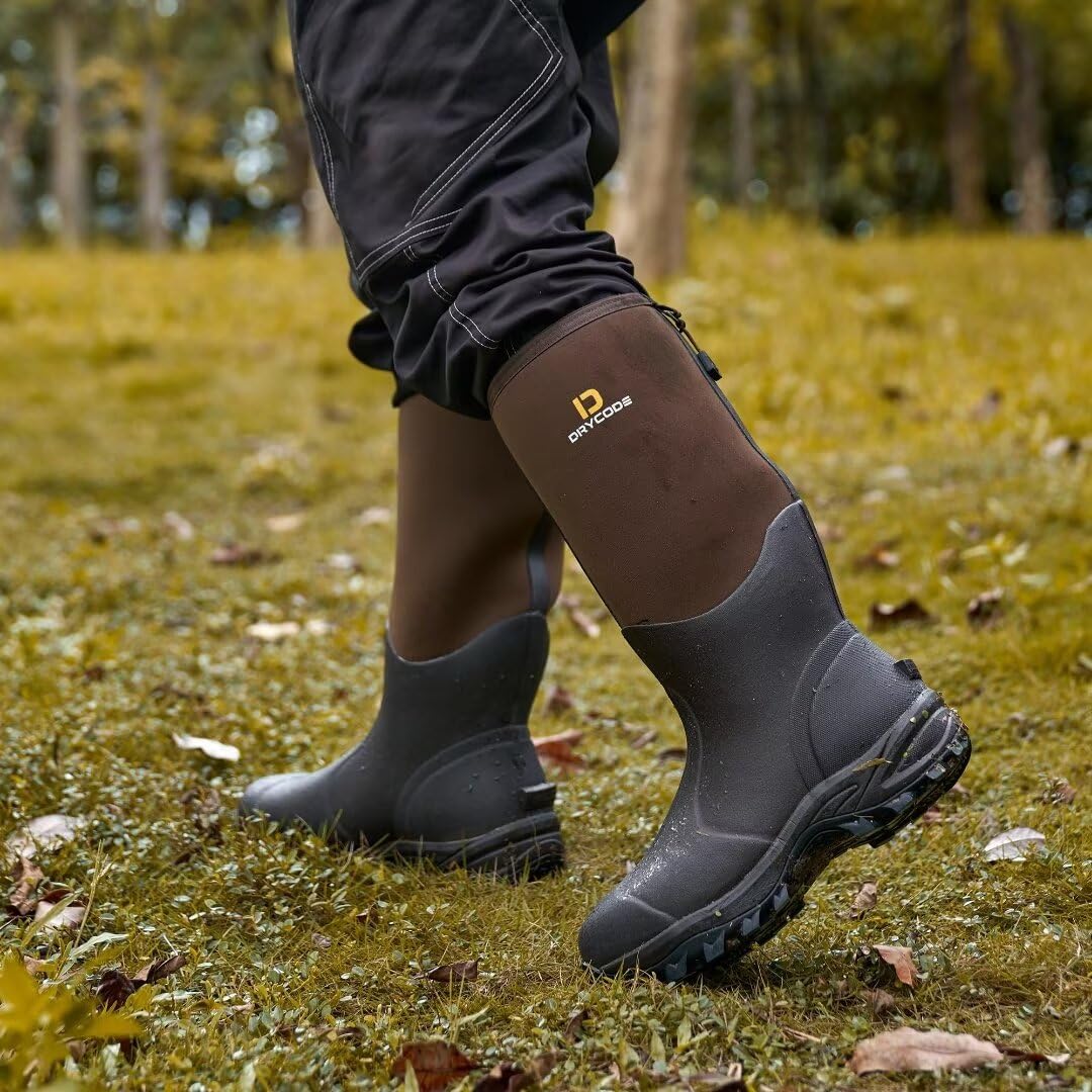 DRYCODE Rubber Boots for Men and Women, Waterproof 6mm Warm Rubber Neoprene Boots, Outdoor Rain Boot, Brown, Size 5-14