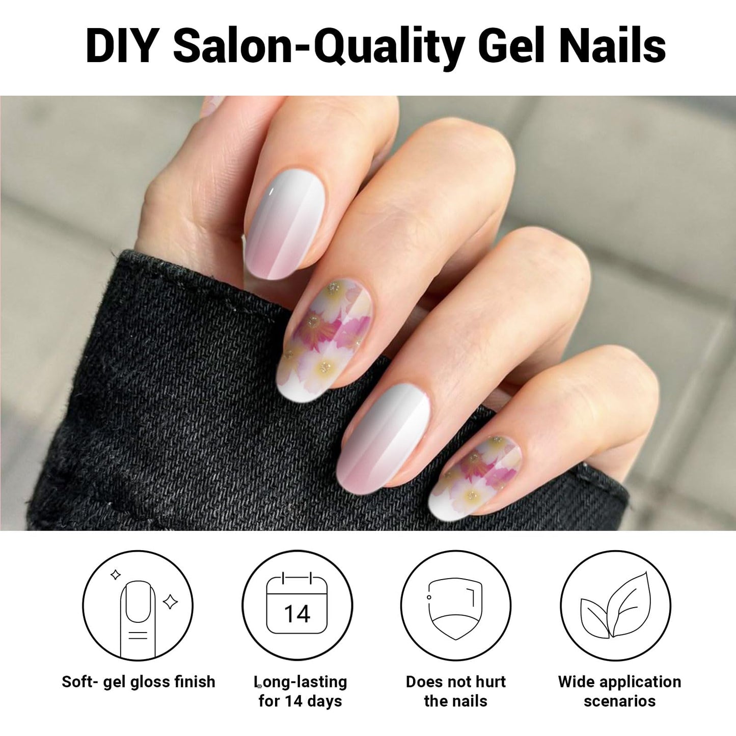 DUKASOU Semi Cured Gel Nail Strips, Spring Blossoms | 28pcs Work With Any UV Lamp, Stickers for Women Girls, Includes Prep Pads, File & Wood Stick