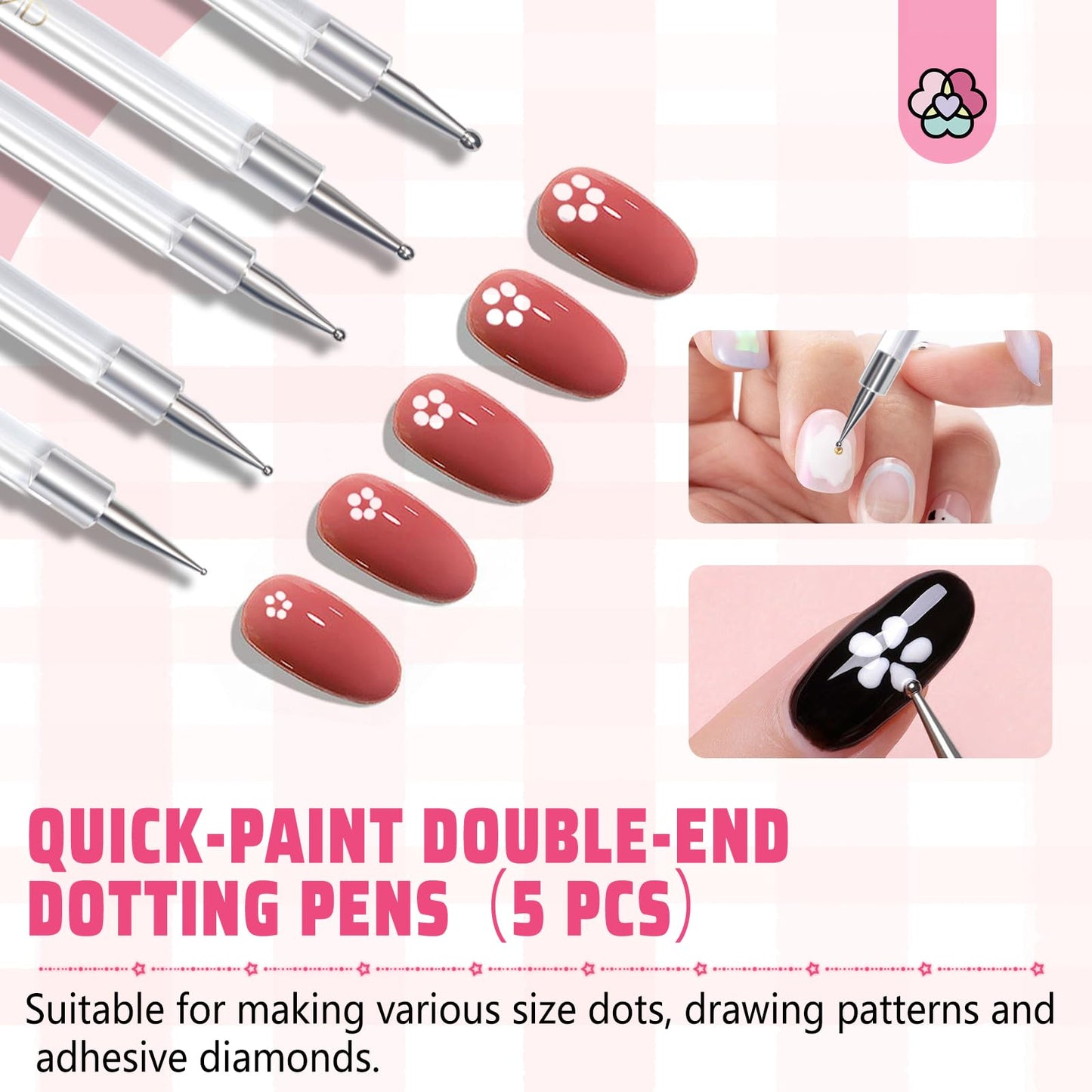 SAVILAND Quick-Paint Dotting Tools Nail Art Pen: 5PCS Multi-Size Nail Art Tools Double Ended Nail Design Kit for Dot Drawing Home Salon, Pattern Tracing Pen, Ball Embossing Pen for Transfer Paper