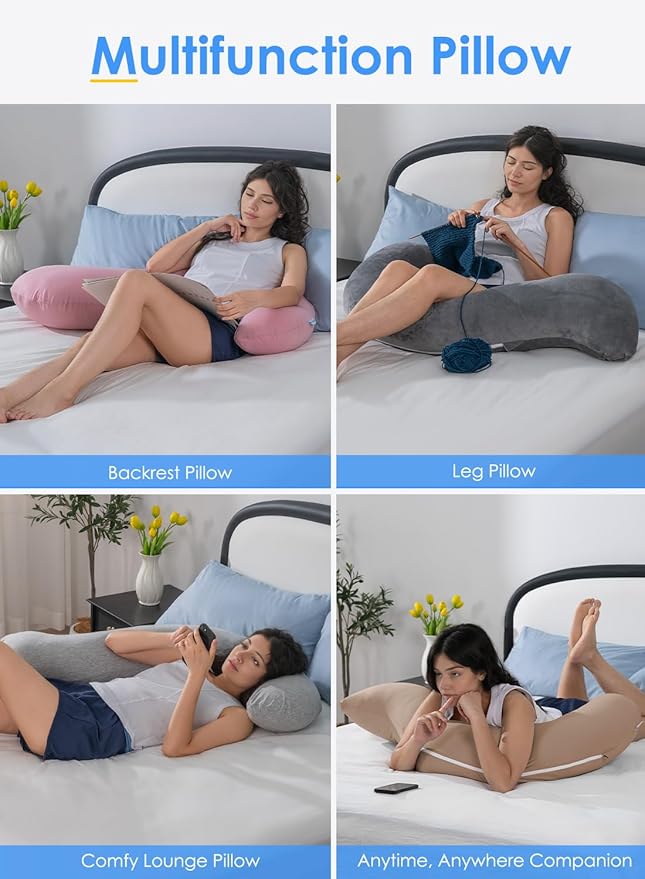 QUEEN ROSE Body Pillow, Full Body Support Pillow for Side Sleepers, Cooling Soft S Shaped Hug Pillow for Adults, with Removable Pillowcase, Light Grey