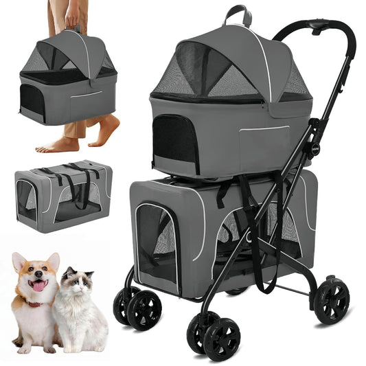 Double Dog Stroller, Foldable 3-in-1 Cat Strollers with 2 Detachable Carriers, Safety Belt, Washable Cover, Removable Pads, 4 Wheels Travel Pet Stroller for Small Medium Dogs(Grey)