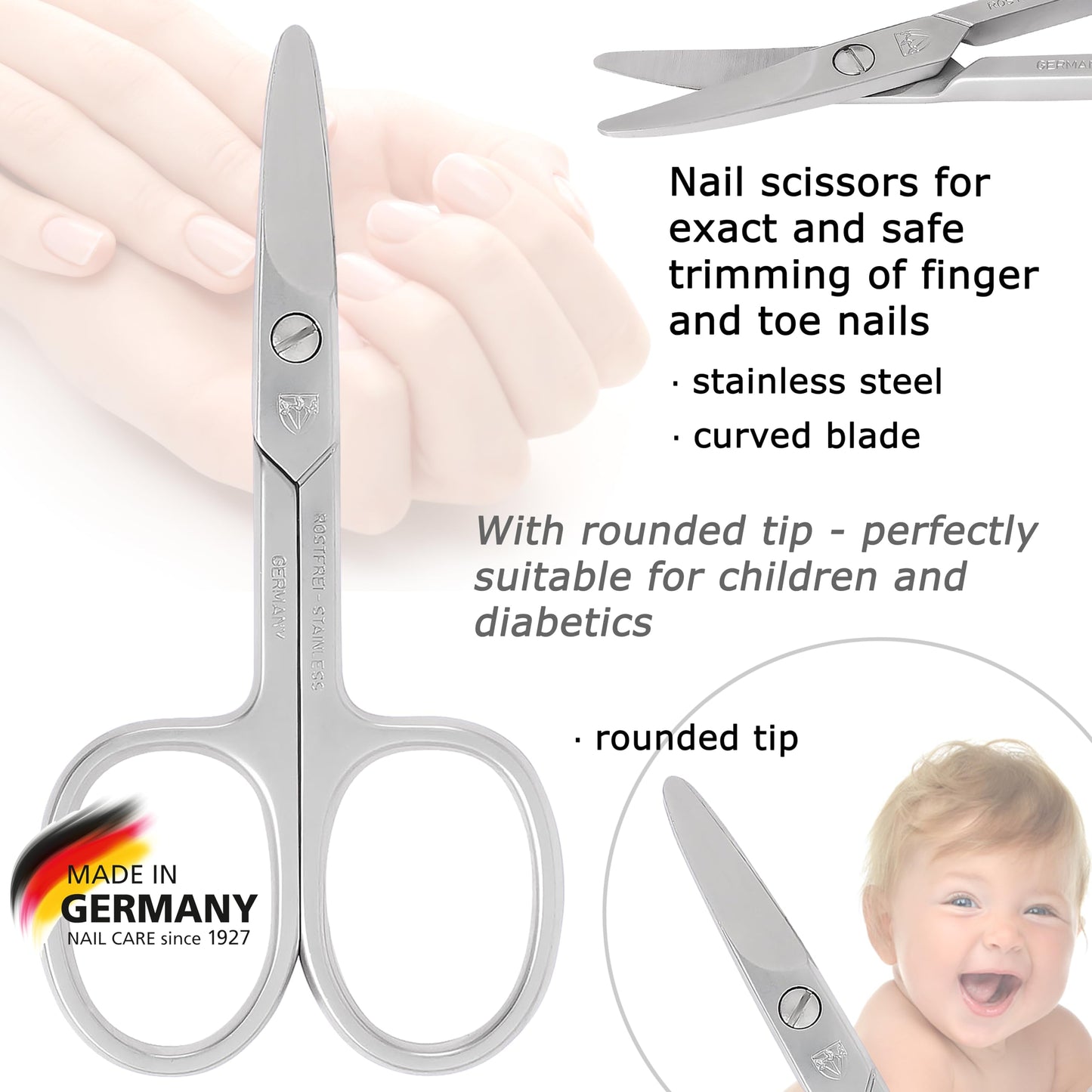 3 Swords Germany - brand quality STAINLESS STEEL INOX CURVED NAIL SCISSORS (1 PIECE) with round tips for DIABETICS - manicure pedicure - nail care by 3 Swords - Made in Germany