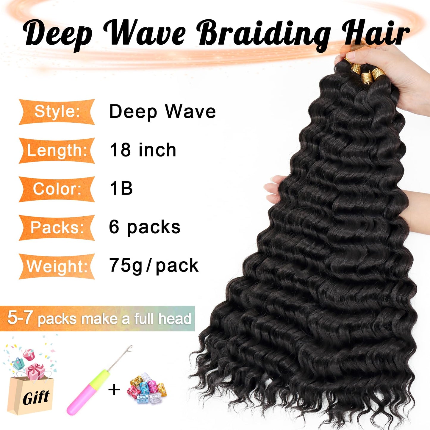 Eerya Ocean Wave Crochet Hair 18 Inch 6 Packs Deep Wave Crochet Hair for Black Women Synthetic Wavy Curly Braiding Hair for Boho Braids (18 inch,1B)