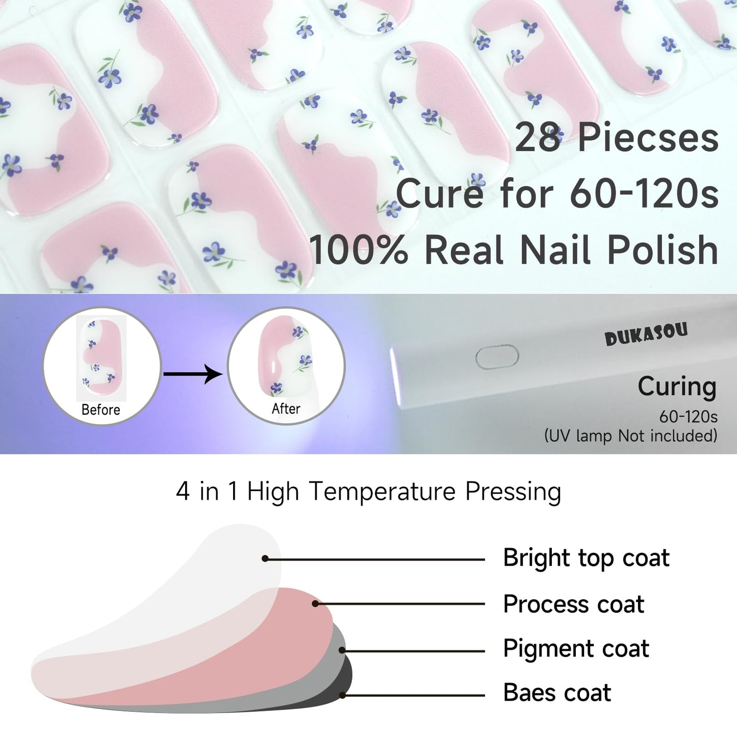 DUKASOU Semi Cured Gel Nail Strips, Falling Flowers | 28 pcs Chinese Style Gel Nail Strips Work with Any UV Lamp, Salon Quality New Chinese Nail Stickers, Include Prep Pads, Nail File&Wood Stick