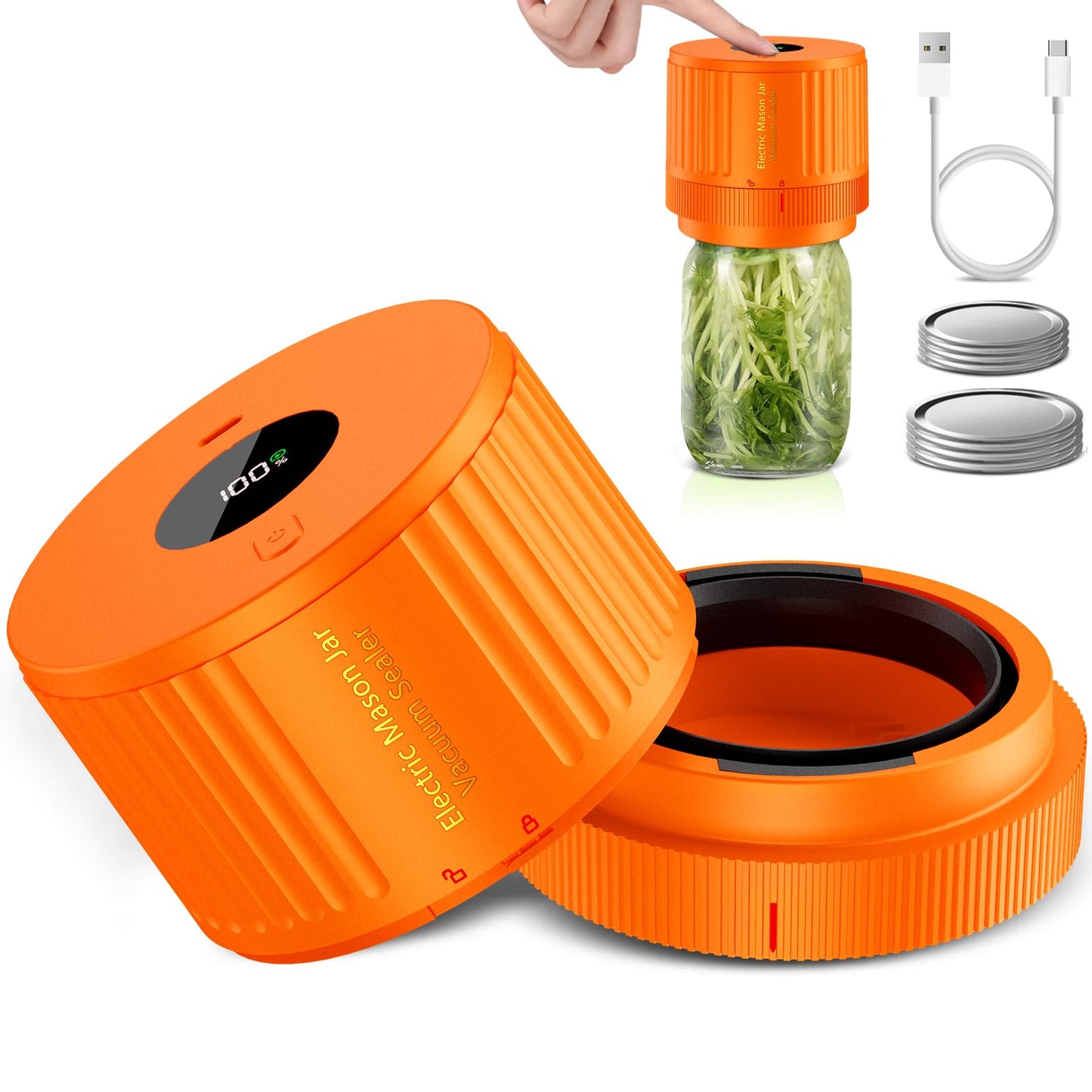 Electric Mason Jar Vacuum Sealer, Cordless Vacuum Sealer Kit with Wide-Mouth & Regular-Mouth Mason Jar Lids, Canning Vacuum Sealer for Food Storage and Fermentation, Orange