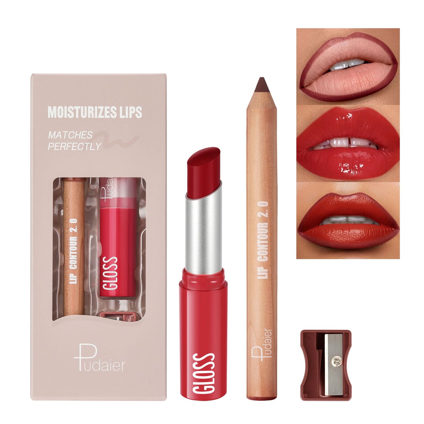 2Pcs Lip Liner and Lipstick Combo, Highly Pigmented Lip Liner and Lipstick Set for women, Long Lasting Matte Lip Pencil and Hydrating Lip Balm Lip Gloss Makeup Kits with Sharpener