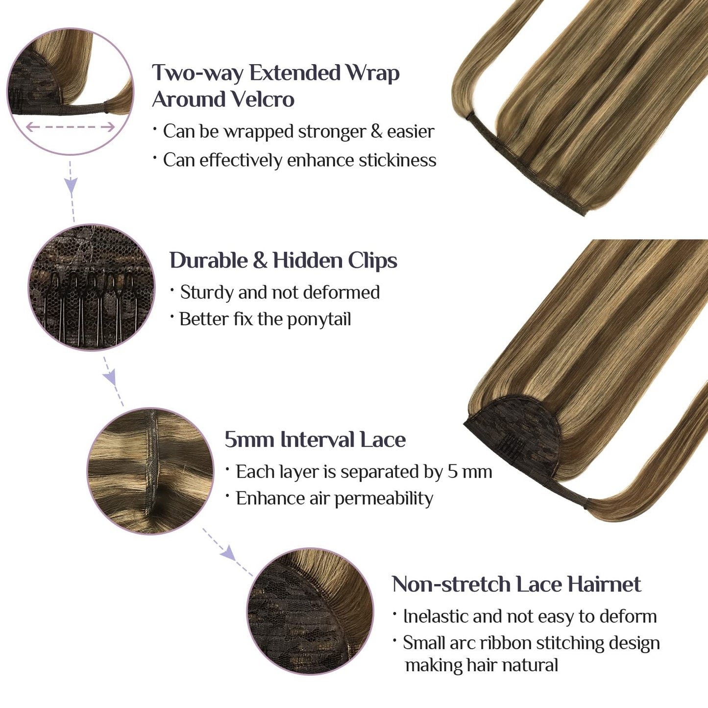 DOORES Hair Extensions Human Hair Ponytail Extensions Balayage Chocolate Brown Mixed Caramel Blonde 18 Inch 80g Clip In Human Hair Extensions Straight Wrap Around Ponytail Piece with Magic Paste