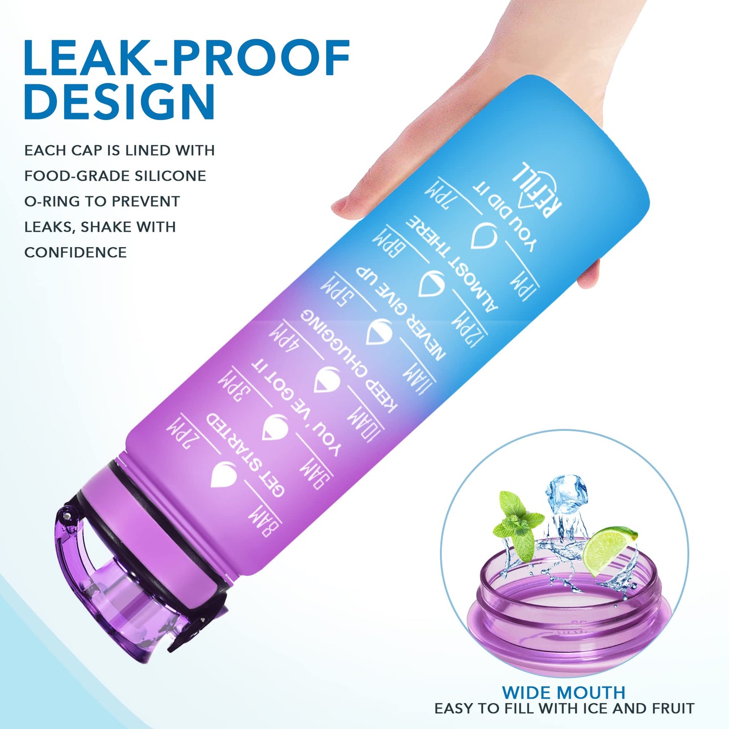 Enerbone 32 oz Water Bottle, Leakproof BPA & Toxic Free, Motivational Water Bottle with Times to Drink and Straw, Fitness Sports Water Bottle with Strap for Office, Gym, Outdoor Sports