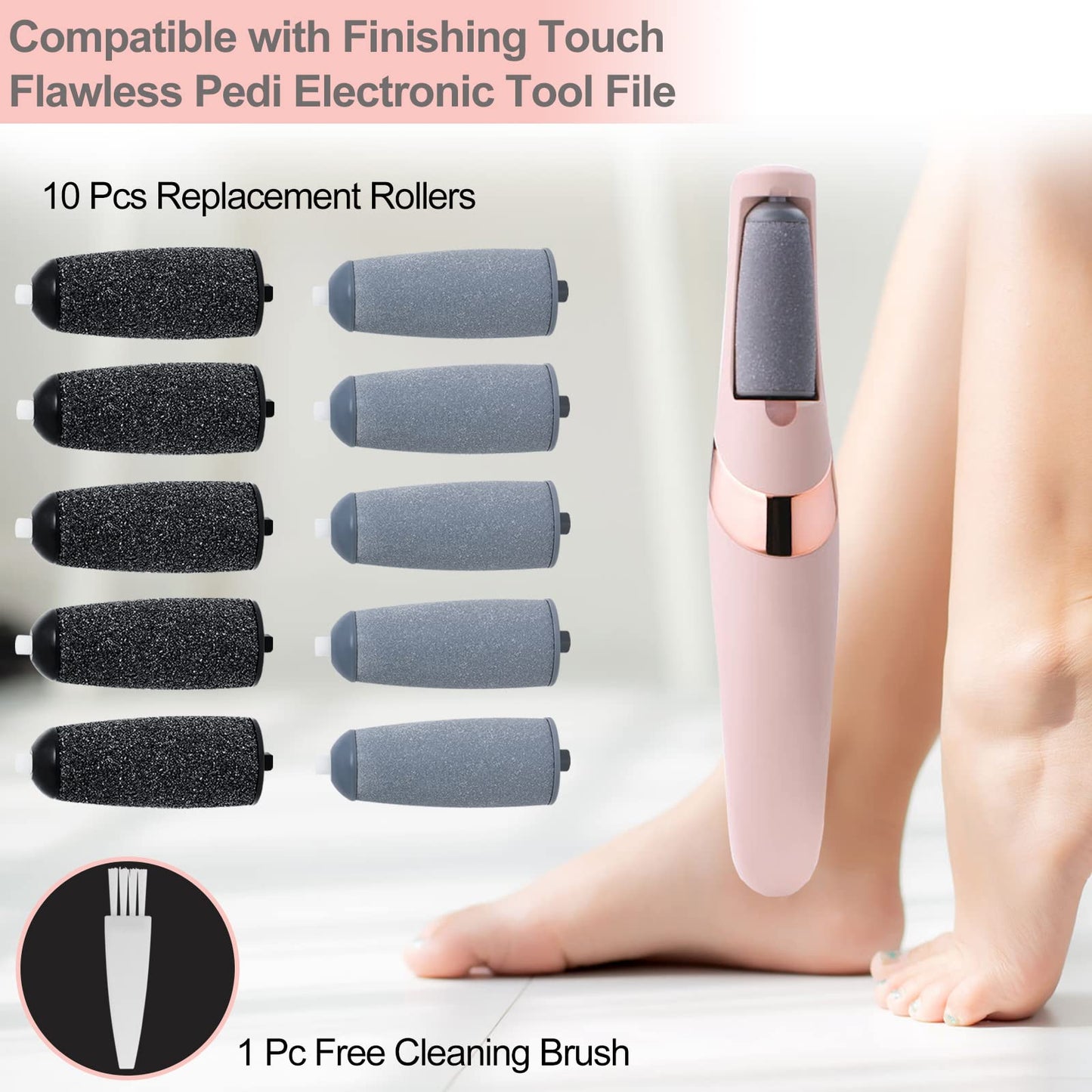 10 Pack Replacement Roller Refills Compatible with Finishing Touch Flawless Pedi Electric Tool File Include a Cleaning Brush (5 Coarse & 5 Fine Rollers)
