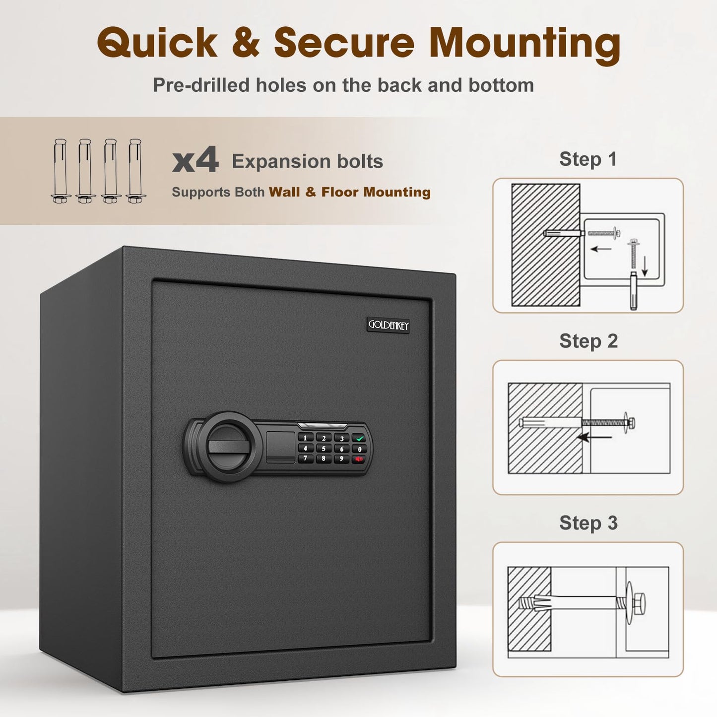 2.3 Cu.Ft. Home Safe Box with Gun Rack, Fireproof Waterproof Security Safes with Fireproof Bag, Dual Code, Adjustable Shelf, Anti-Scratch Mat & Mounting Kit, Large Safe for Pistols & Valuables