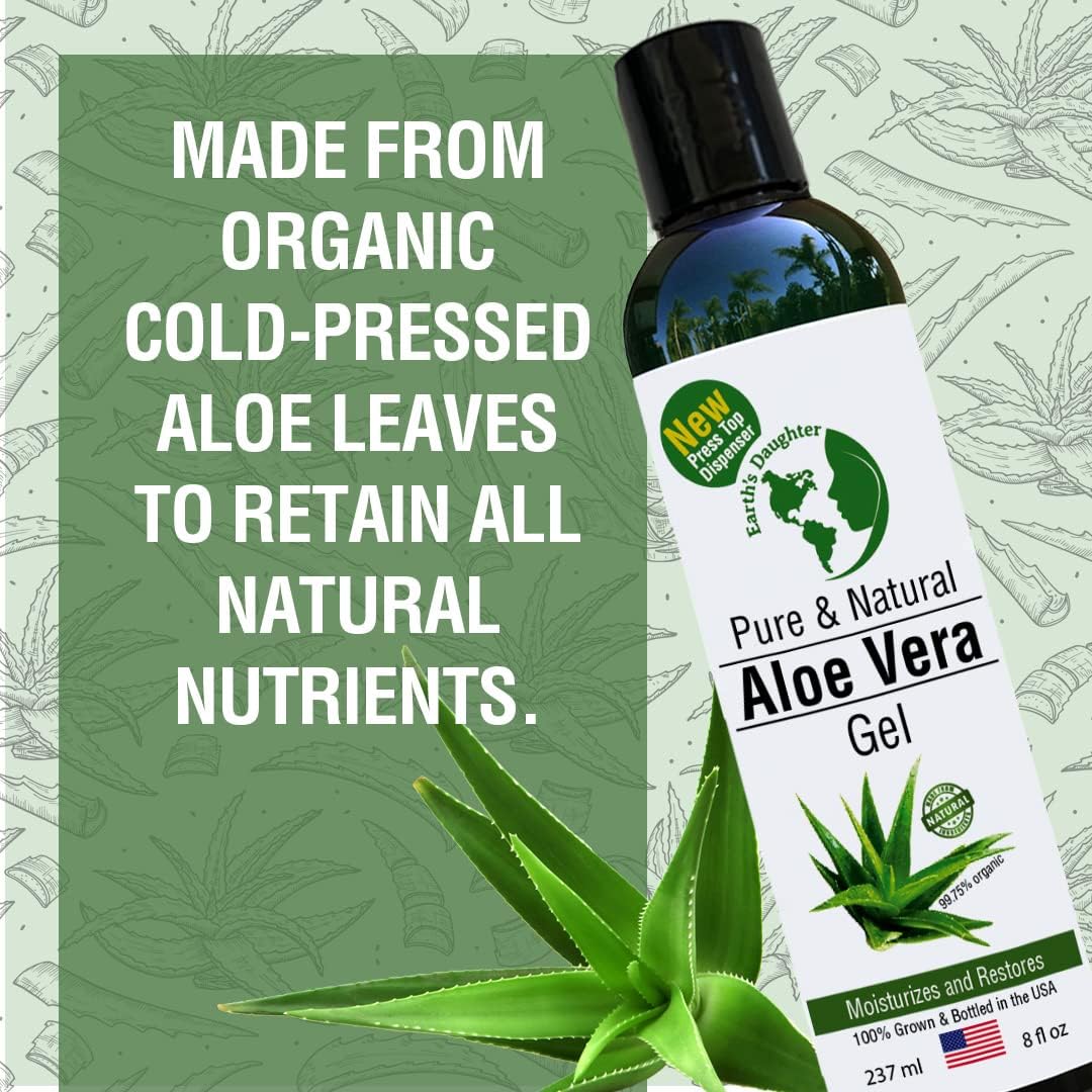 Earth's Daughter Organic Aloe Vera from 100% Pure and Natural Cold Pressed Aloe with 8 oz Disc Top Dispenser - Great for Face - Hair - Sunburn - Dry Skin