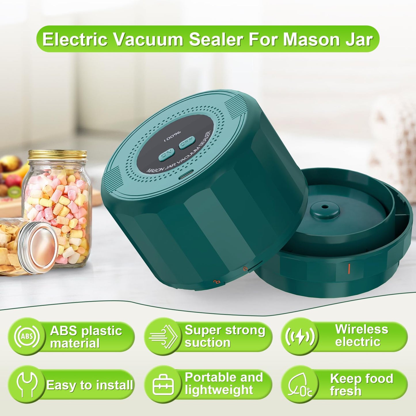 Electric Mason Jar Vacuum Sealer - Mason Jar Vacuum Sealer Kit with Wide Regular Mouth Mason lids - Canning Vacuum Sealer Mason Jar for Food Storage - darkgreen…