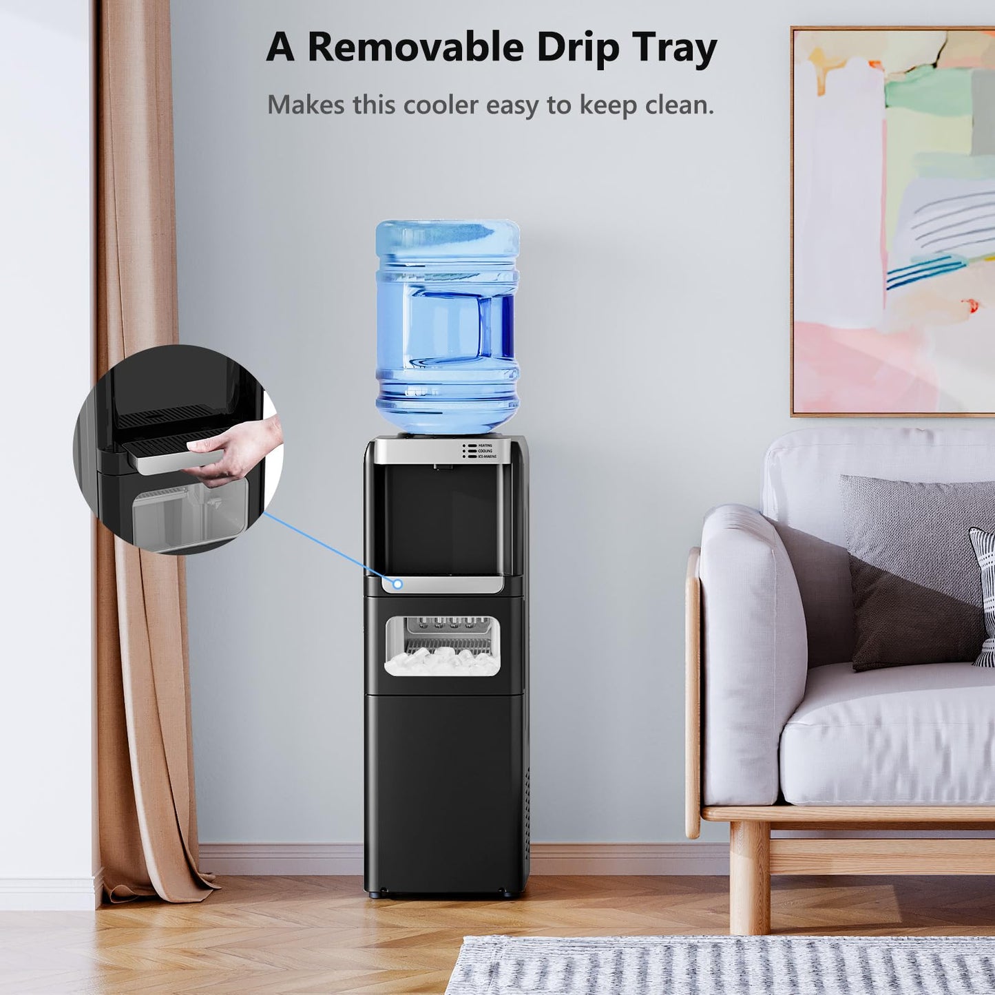 Electactic Water Dispenser with Ice Maker Function, Top Loading Hot and Cold Water Cooler for 5 Gallon Bottle - Includes Child Safety Lock - Water Machine for Home, Office, Garage - Black