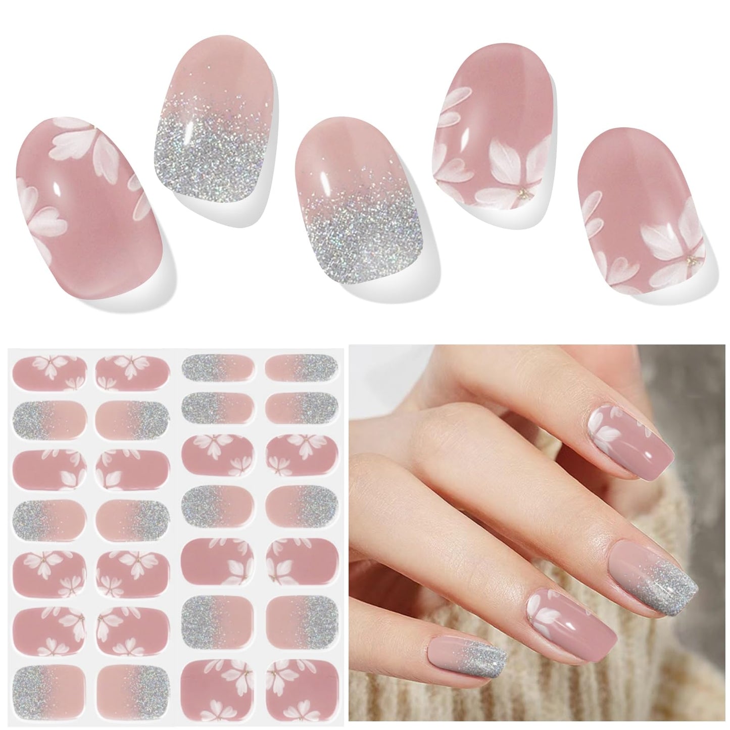 DUKASOU Semi Cured Gel Nail Strips, Pink ice Flowers | 28 pcs Gel Nail Strips Work with Any UV Lamp, Salon Quality UV Nails Stickers, Easy to Apply for Home Nails DIY
