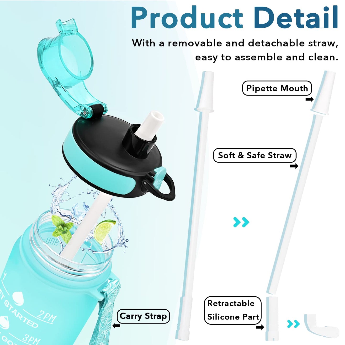 Enerbone 32 oz Water Bottle, Leakproof BPA & Toxic Free, Motivational Water Bottle with Times to Drink and Straw, Fitness Sports Water Bottle with Strap for Office, Gym, Outdoor Sports, Green-Purple